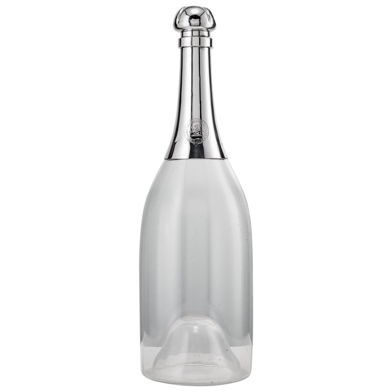 Antique 19th Century Glass and Sterling Silver Large Champagne Bottle, 1892 For Sale