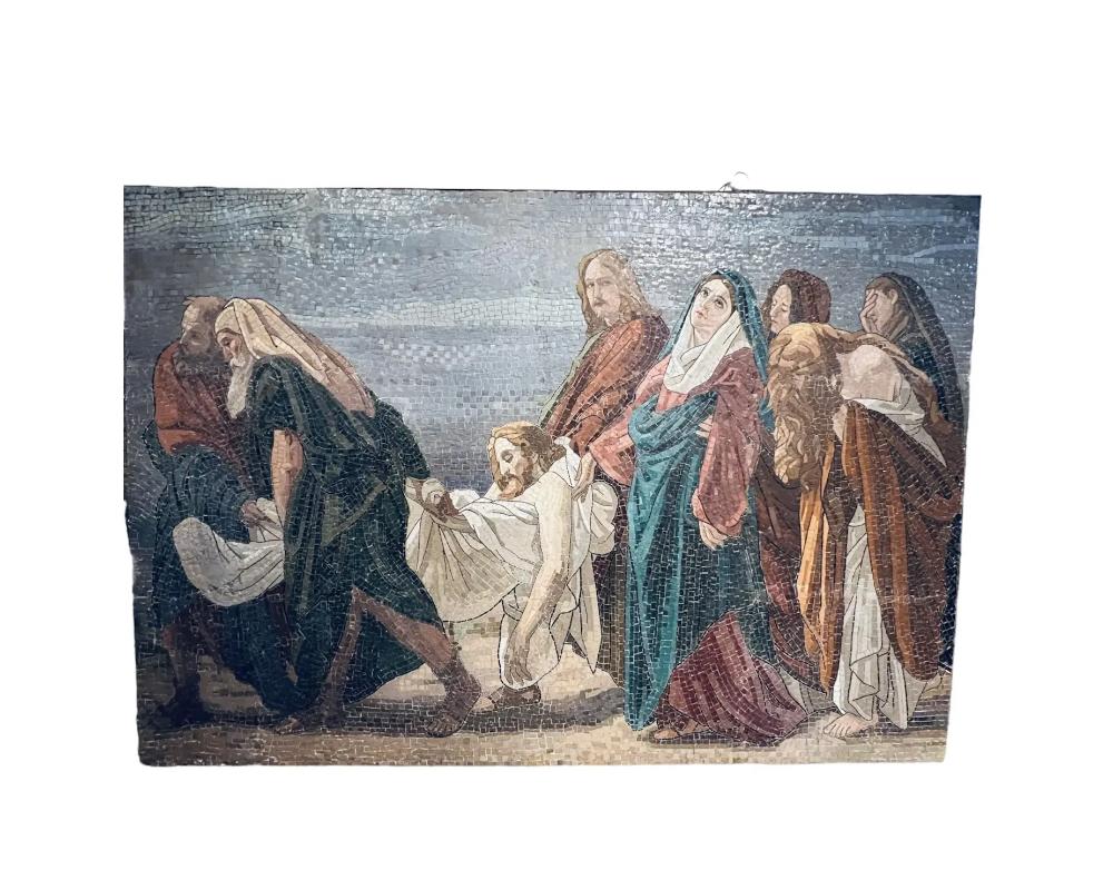 This exquisite 19th-century Italian micro mosaic mural panel is a true masterpiece of artistry and devotion. Painstakingly crafted by skilled artisans of the time, it depicts the poignant and spiritually significant scene of the 