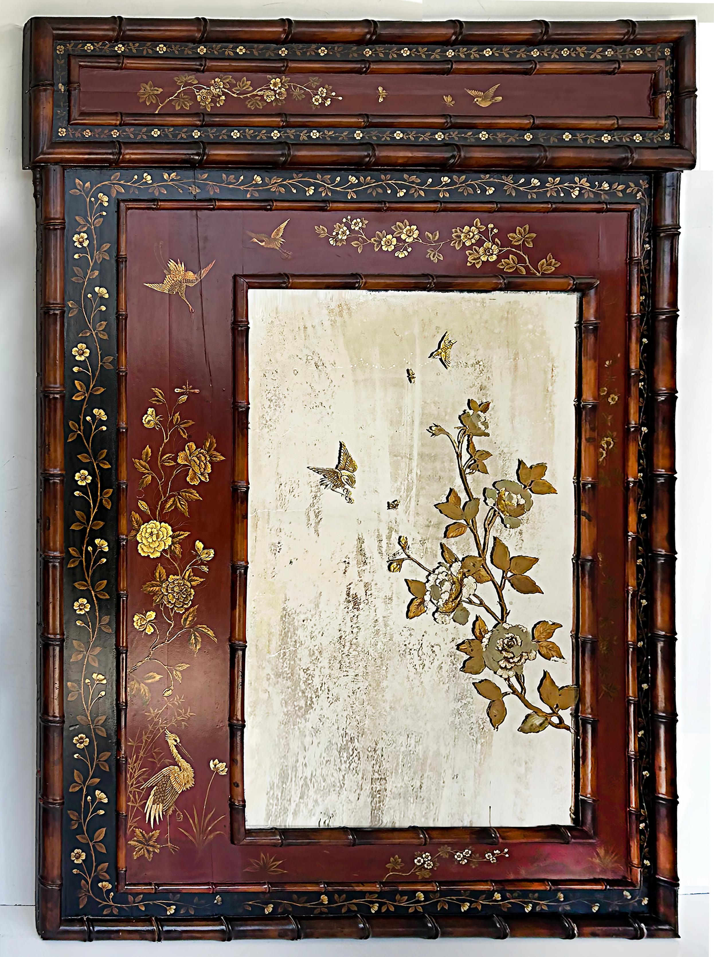 Chinoiserie Monumental 19th Century Japanese Painted Mirror with Lacquer, Gilt, Faux Bamboo For Sale