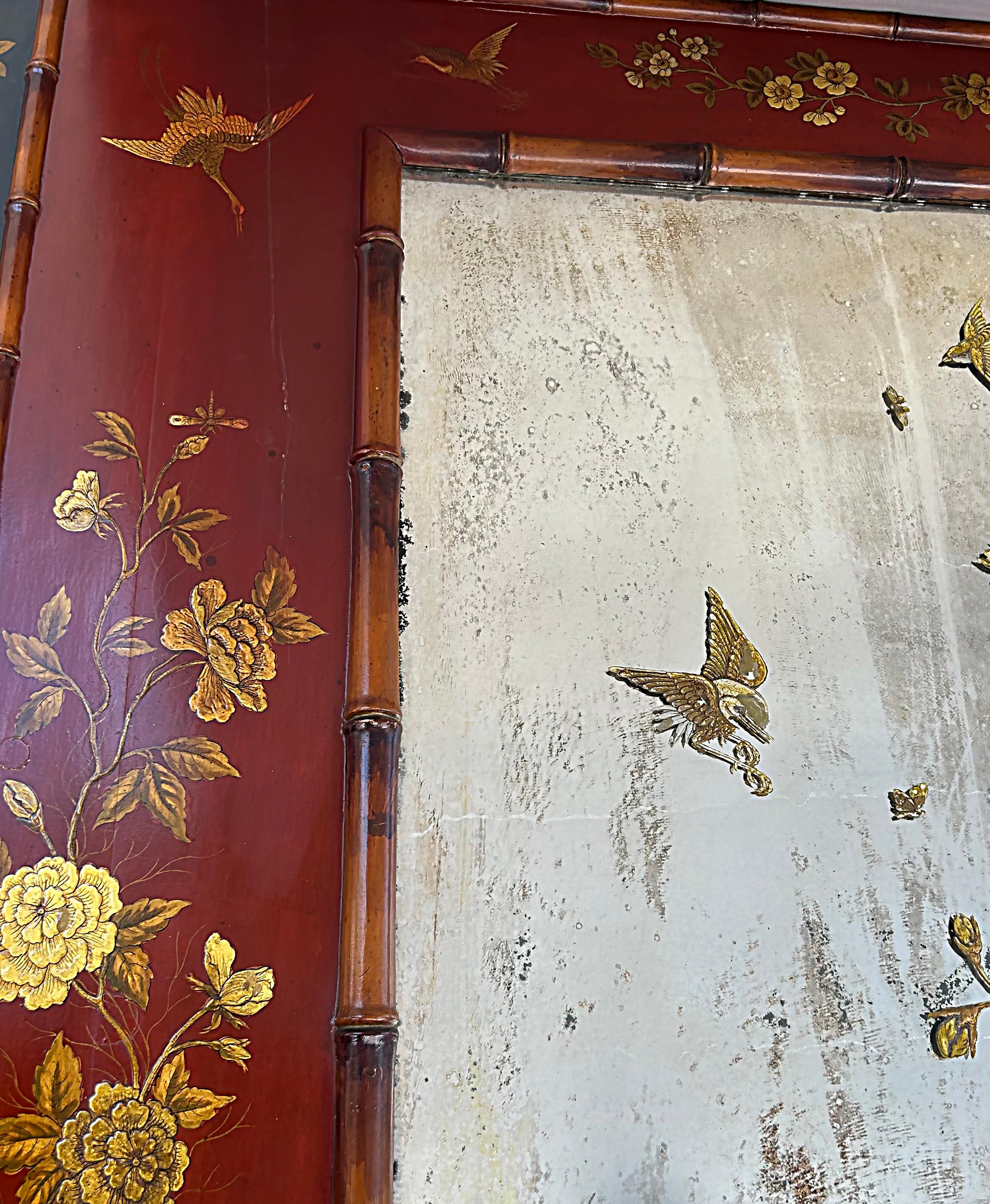Monumentaler japanischer bemalter Spiegel des 19. Jahrhunderts mit Lack, vergoldet, Kunstbambus (Lackiert) im Angebot