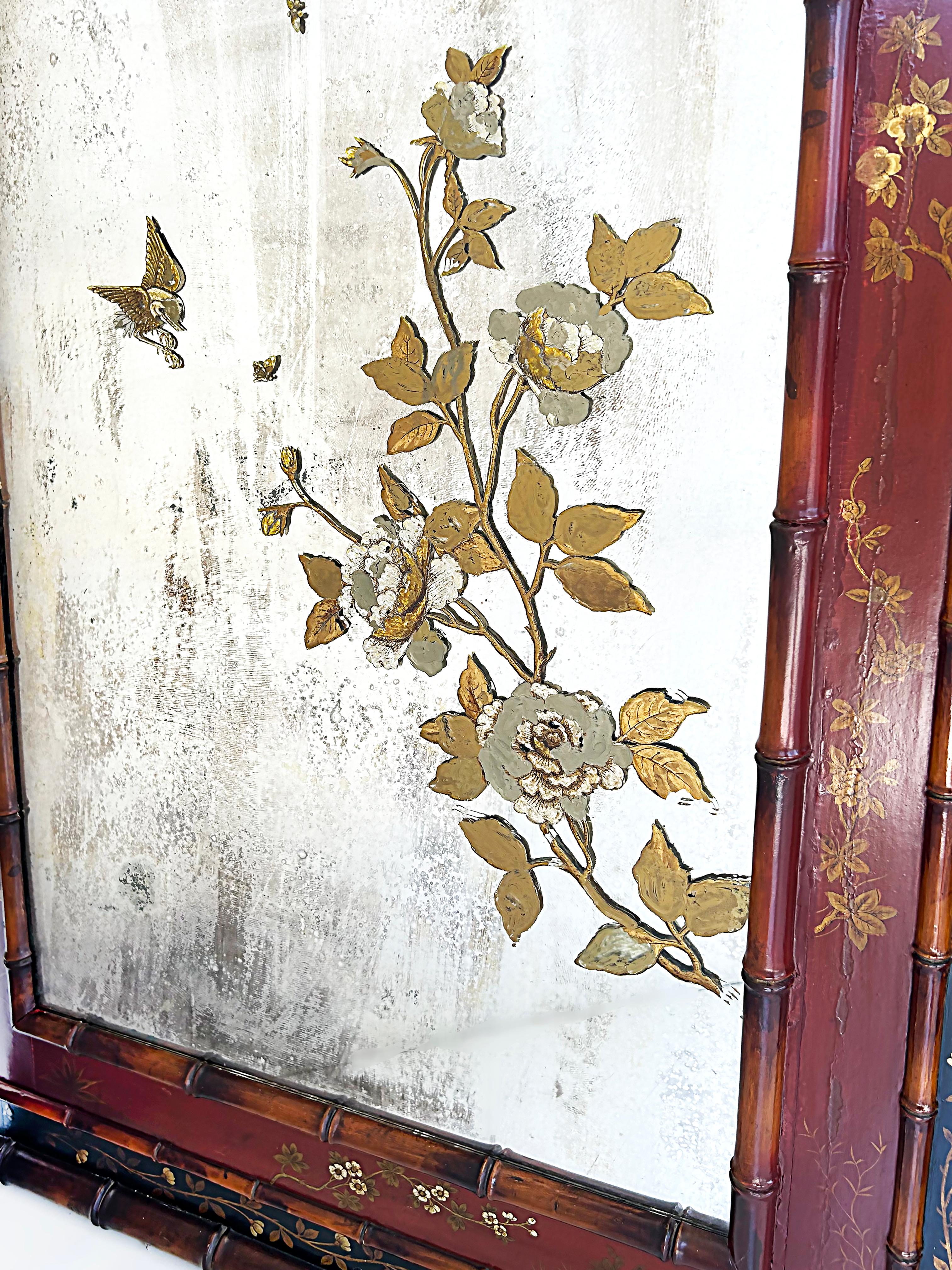 Monumental 19th Century Japanese Painted Mirror with Lacquer, Gilt, Faux Bamboo In Good Condition For Sale In Miami, FL