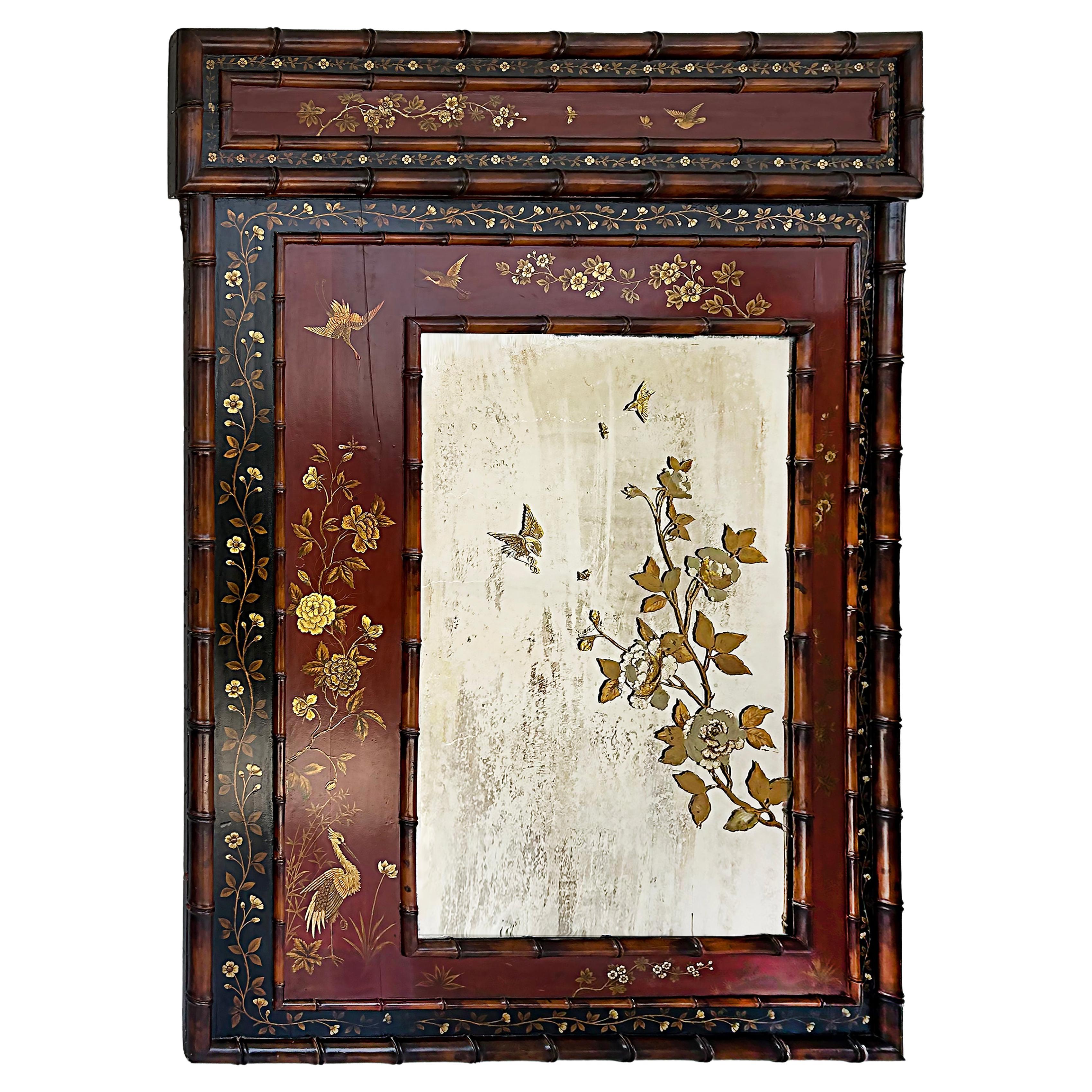 Monumental 19th Century Japanese Painted Mirror with Lacquer, Gilt, Faux Bamboo For Sale