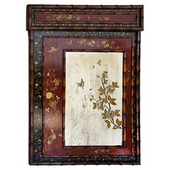 Antique Monumental 19th Century Japanese Painted Mirror with Lacquer, Gilt, Faux Bamboo