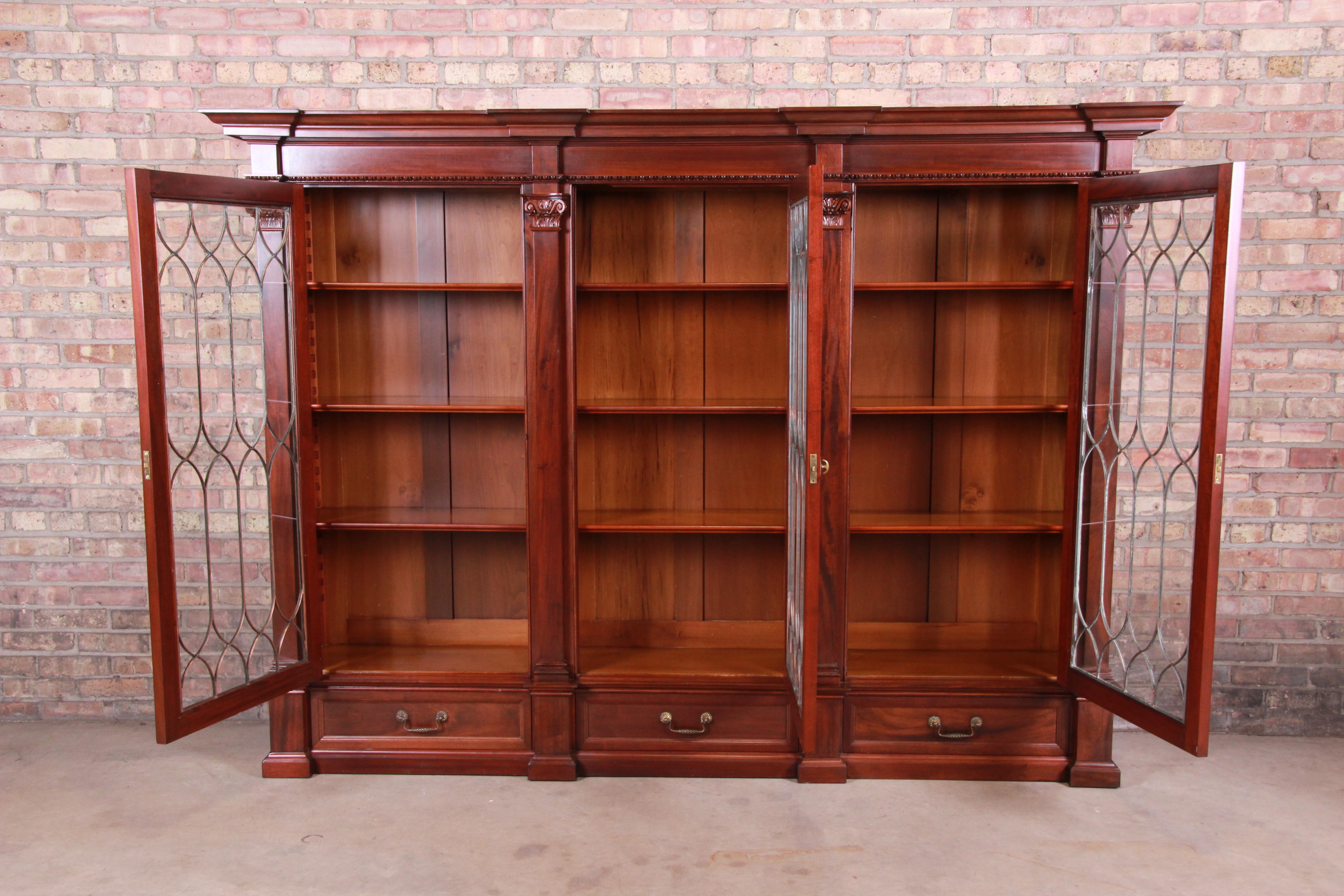 Victorian Monumental 19th Century Mahogany and Leaded Glass Triple Bookcase, Restored