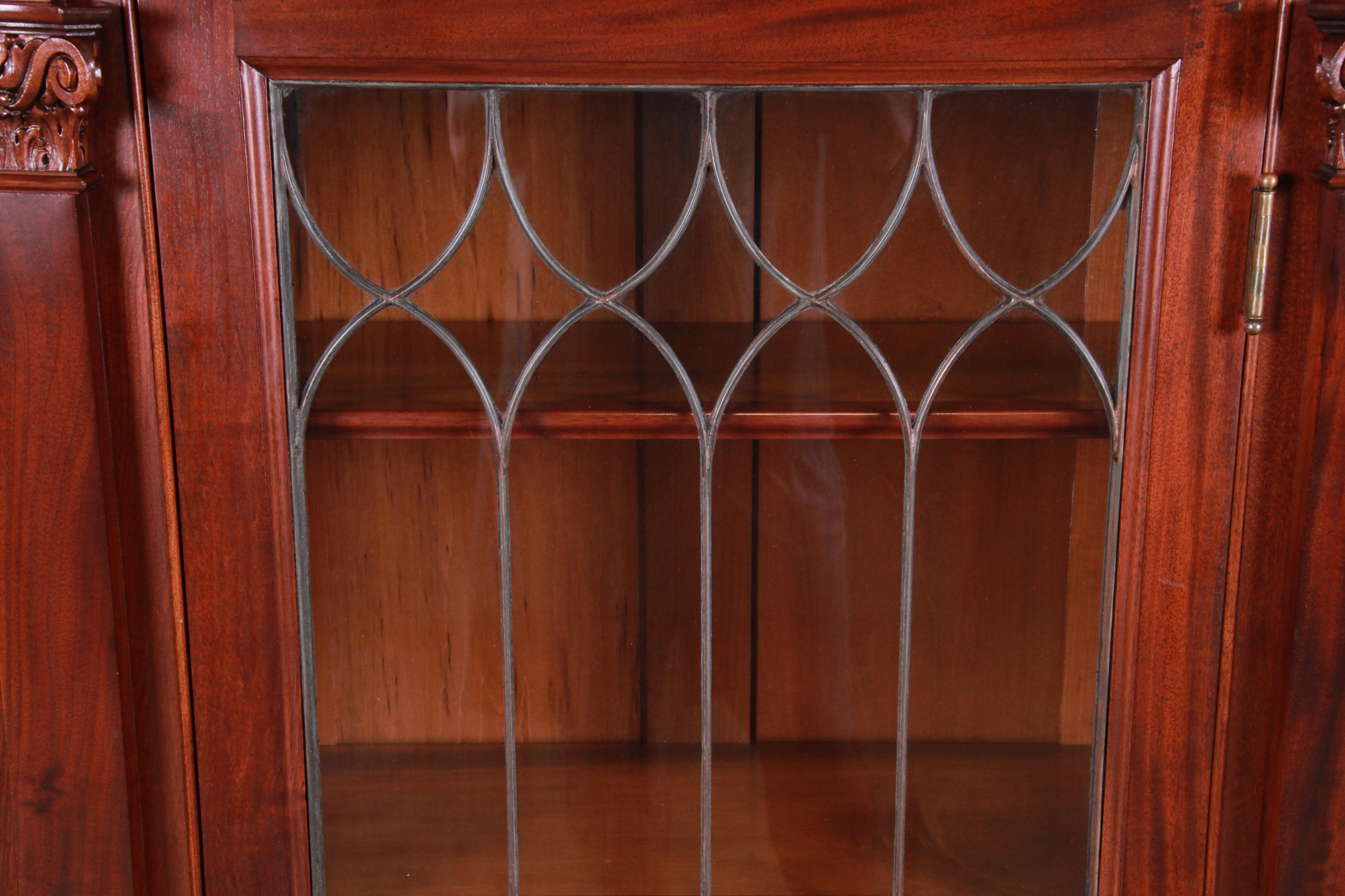 Monumental 19th Century Mahogany and Leaded Glass Triple Bookcase, Restored In Good Condition In South Bend, IN