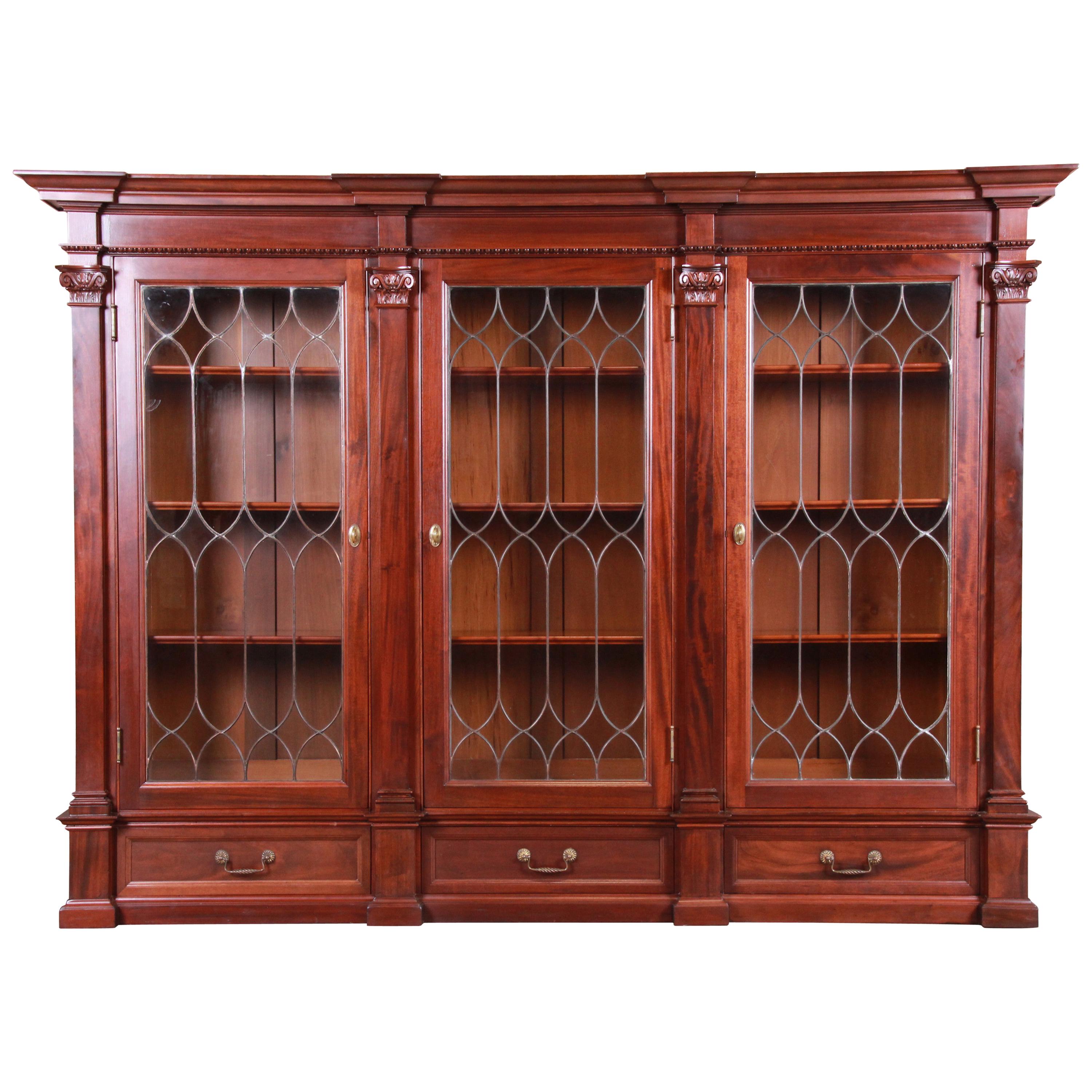 Monumental 19th Century Mahogany and Leaded Glass Triple Bookcase
