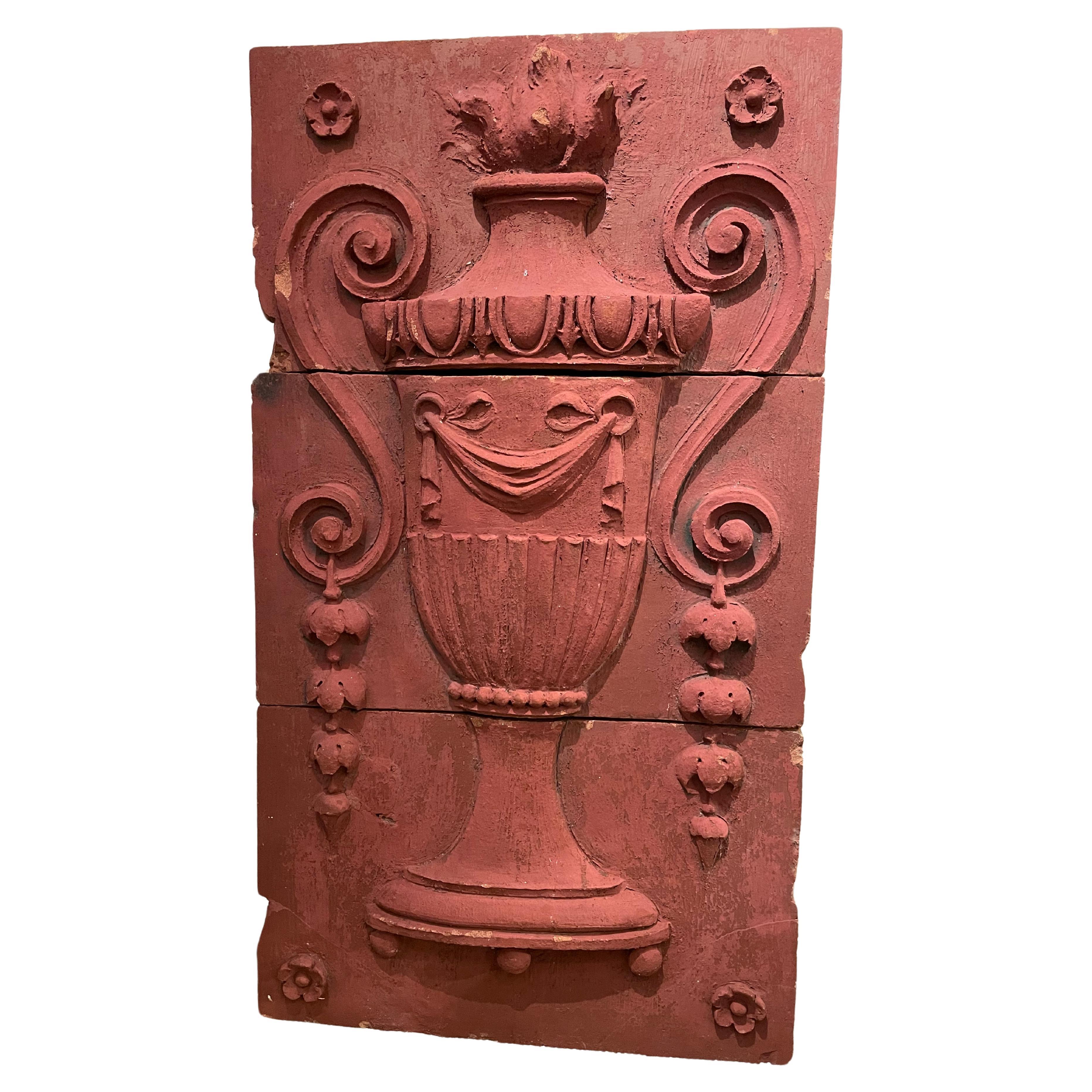 Monumental 19th Century Neoclassical Terracotta Urn Architectural Relief For Sale