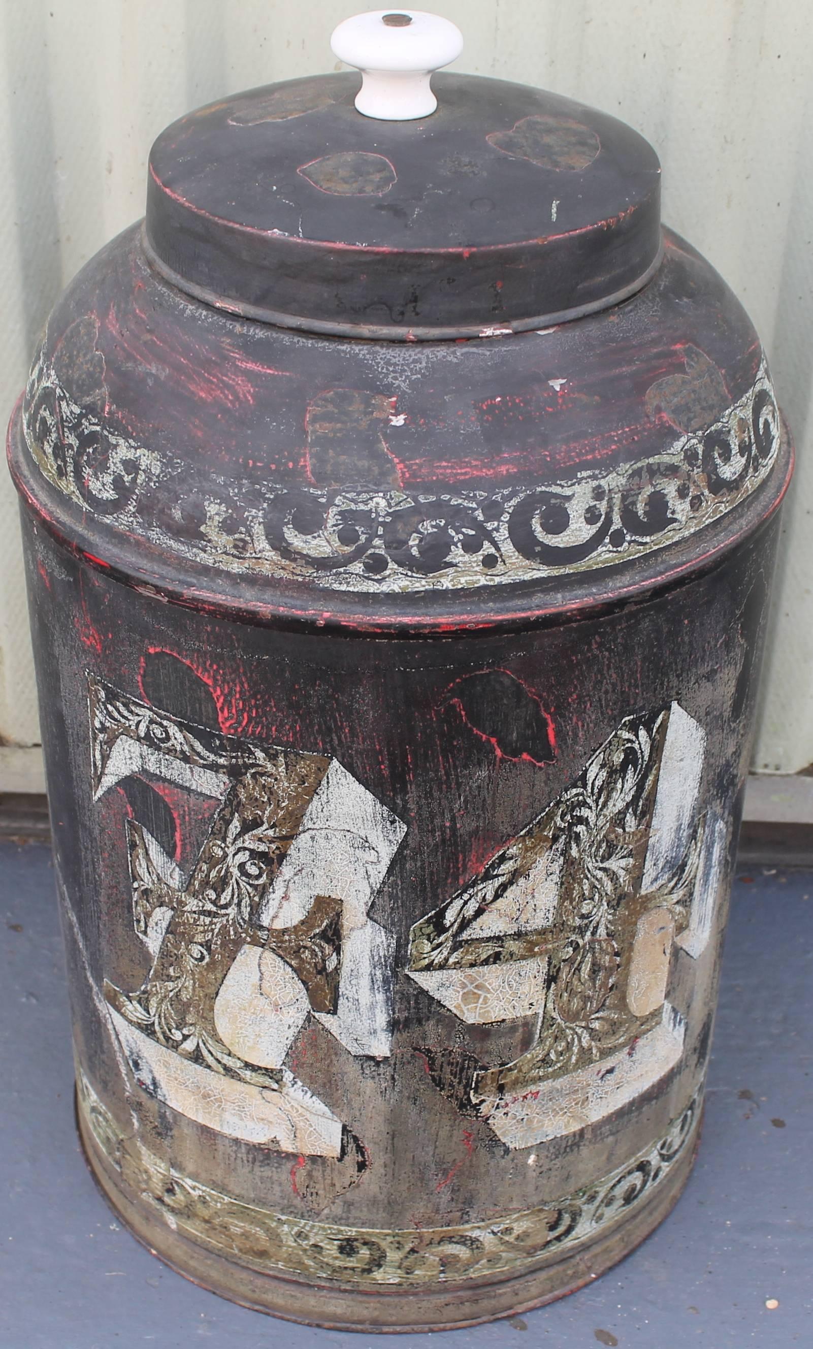 Country Monumental 19th Century Original Painted Tin Canister with Lid