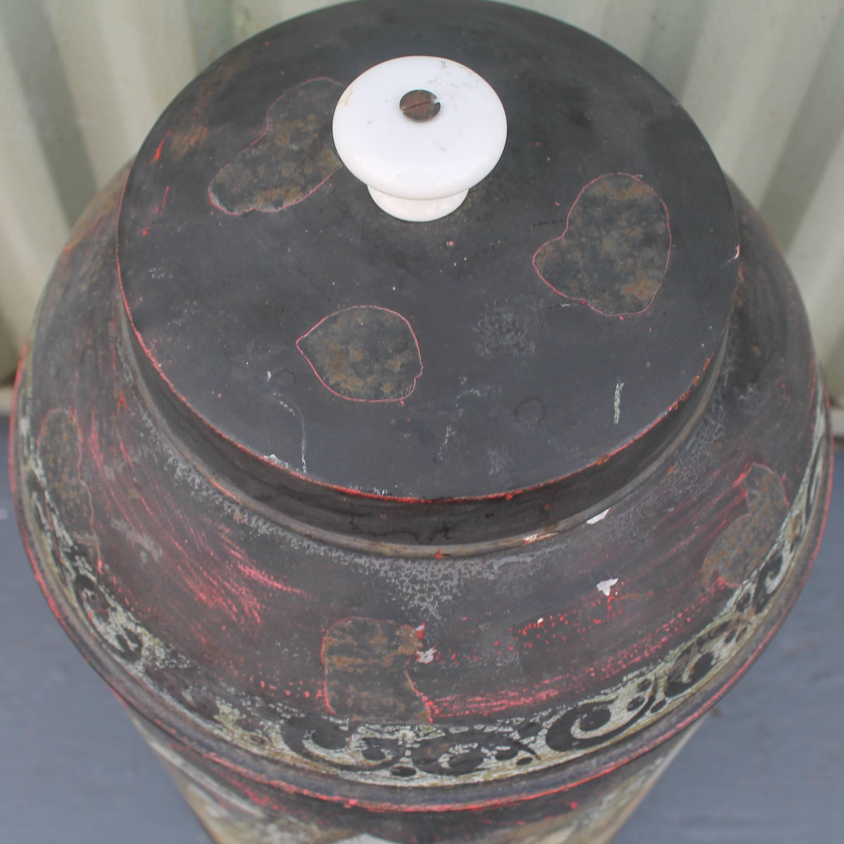 American Monumental 19th Century Original Painted Tin Canister with Lid