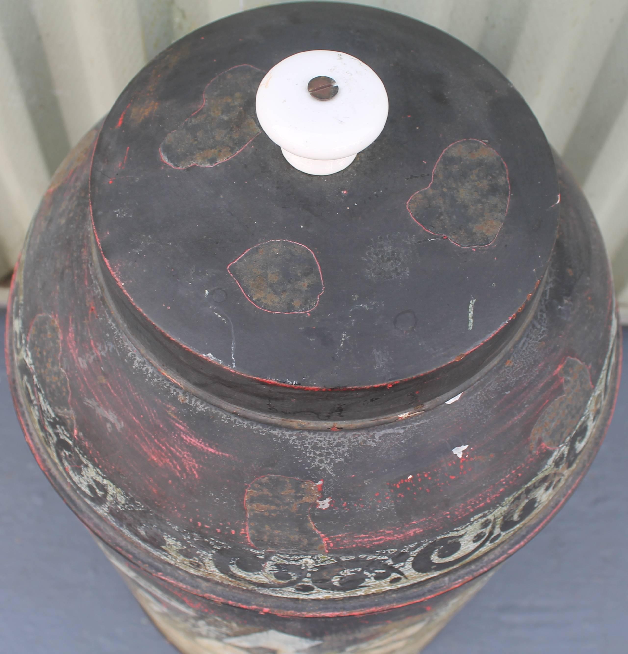 Hand-Painted Monumental 19th Century Original Painted Tin Canister with Lid