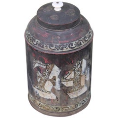 Monumental 19th Century Original Painted Tin Canister with Lid