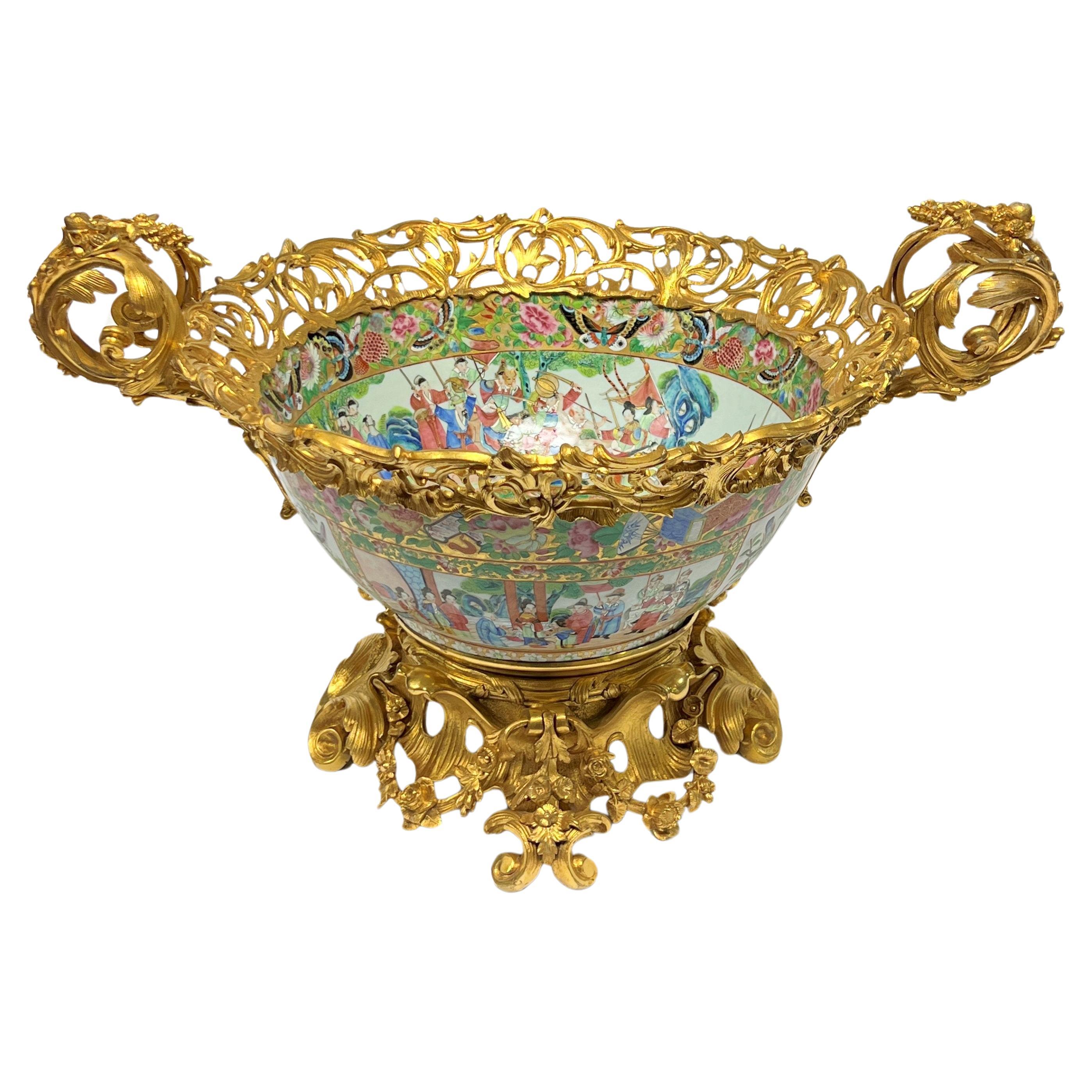 Monumental 19th Century Ormolu Bronze and Chinese Rose Medallion Porcelain Bowl