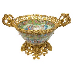 Monumental 19th Century Ormolu Bronze and Chinese Rose Medallion Porcelain Bowl