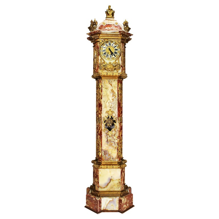 Monumental 19th Century Ormolu Mounted Onyx & Marble Longcase Grandfather Clock For Sale