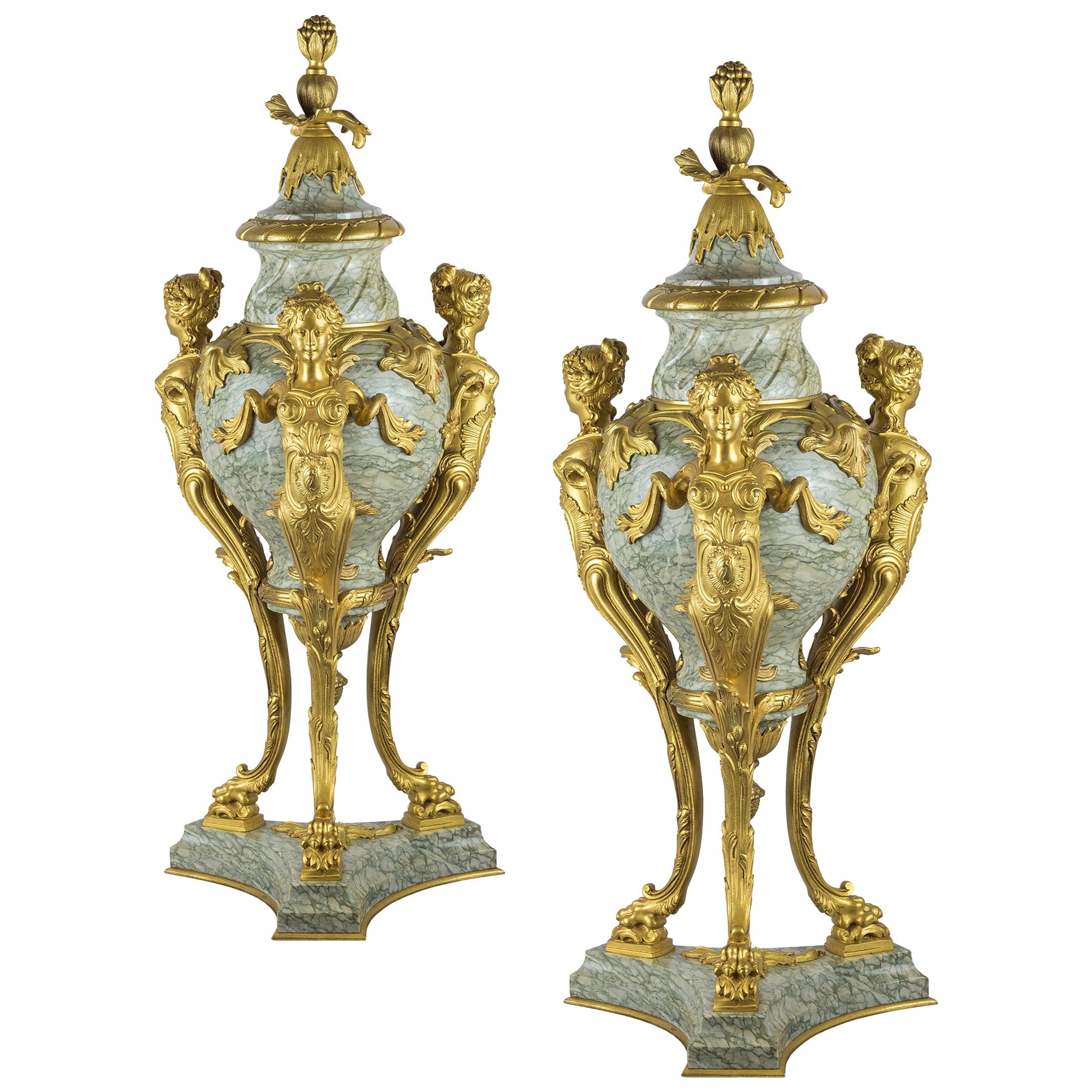 Monumental 19th Century Pair of French Rouge Marble and Gilt Bronze Urns