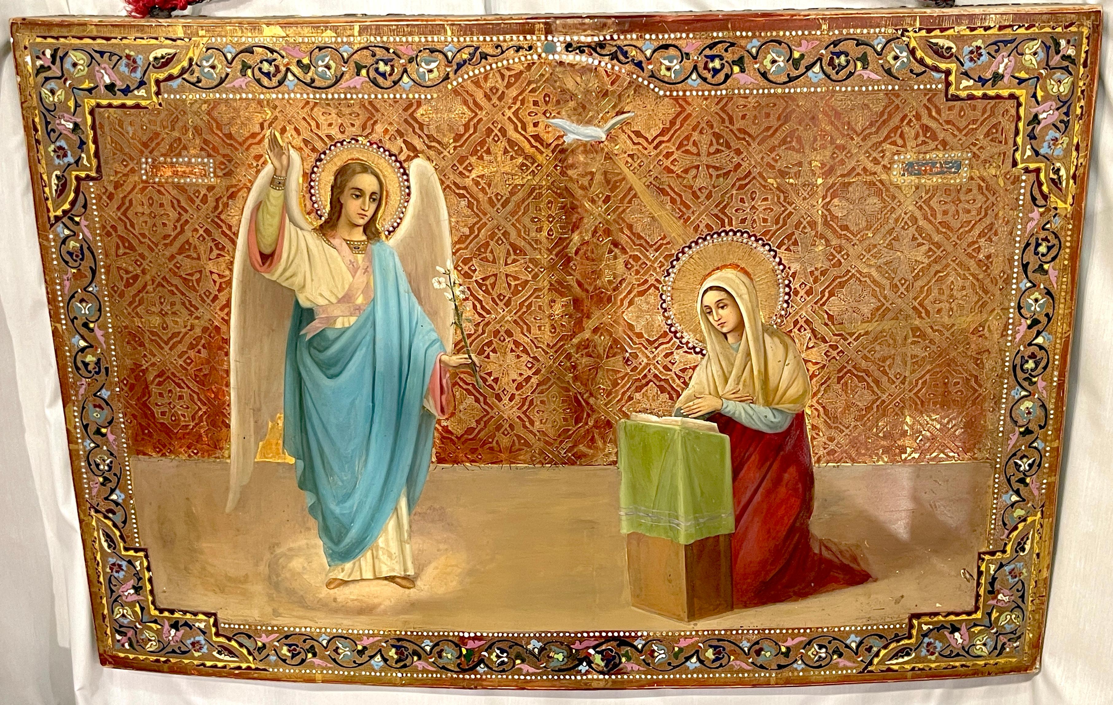 Monumental 19th-century Russian icon of the Annunciation of the Blessed Virgin Mary
Russia, mid-late 19th century 

A stunning monumental 19th-century Russian icon of the Annunciation of the Blessed Virgin Mary, dating from the mid- to late-19th