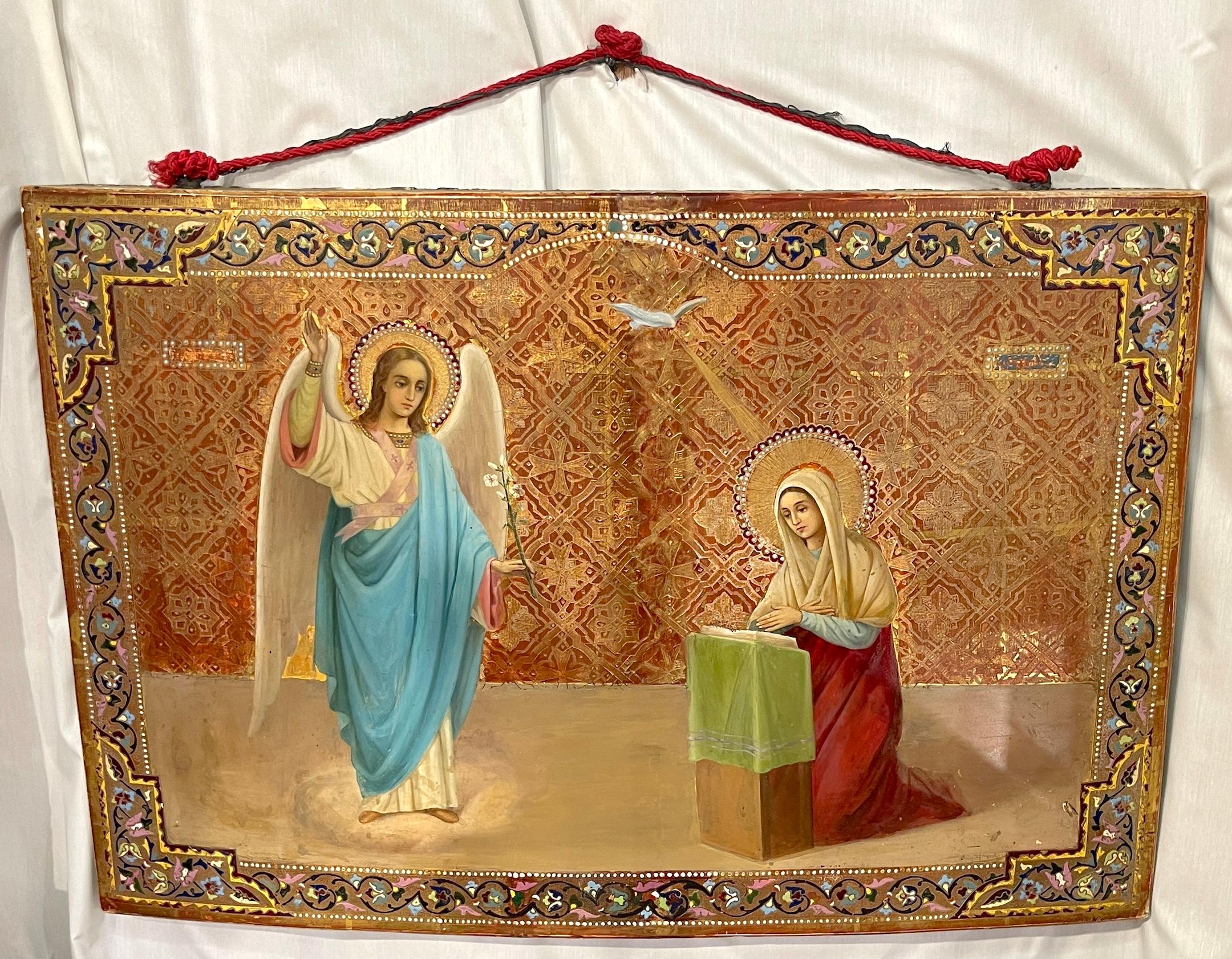 Enameled Monumental 19th Century Russian Icon of Annunciation of the Blessed Virgin Mary For Sale
