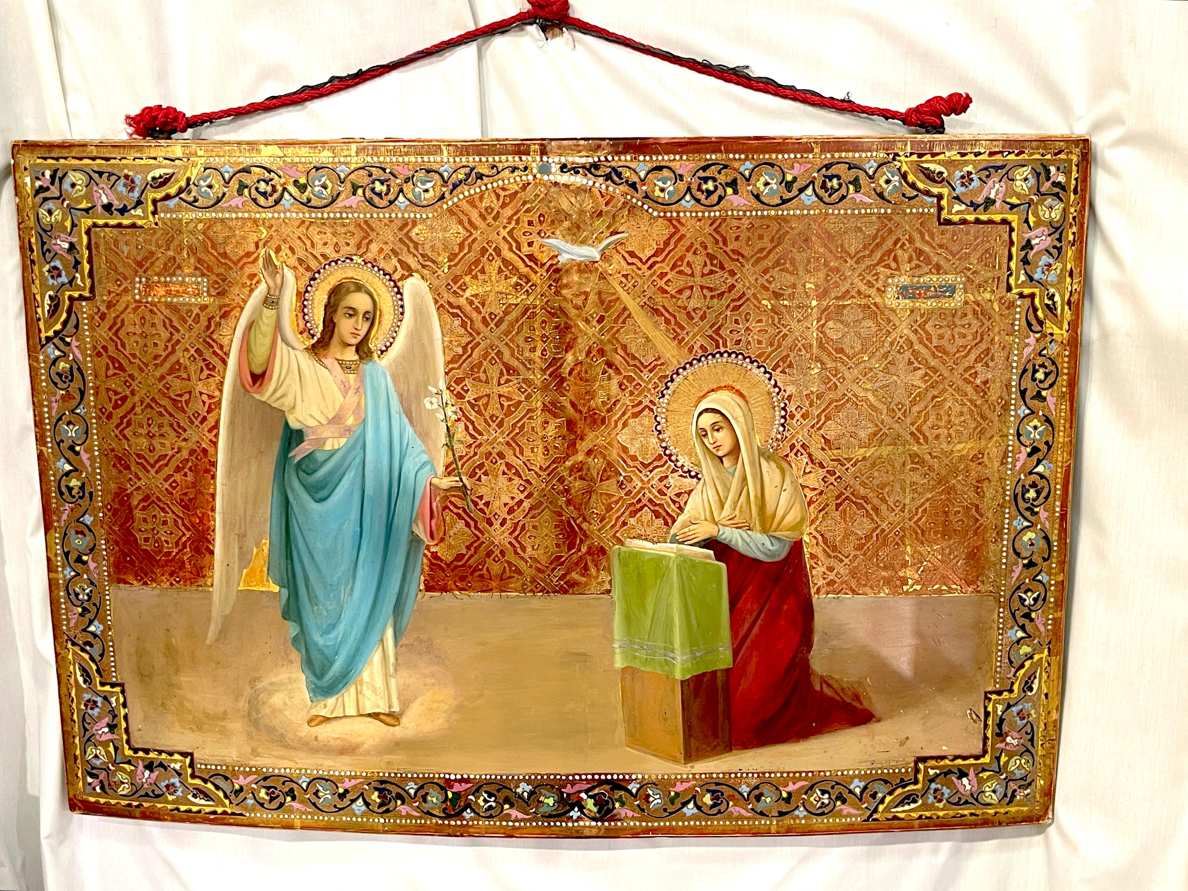 Monumental 19th Century Russian Icon of Annunciation of the Blessed Virgin Mary In Good Condition For Sale In West Palm Beach, FL