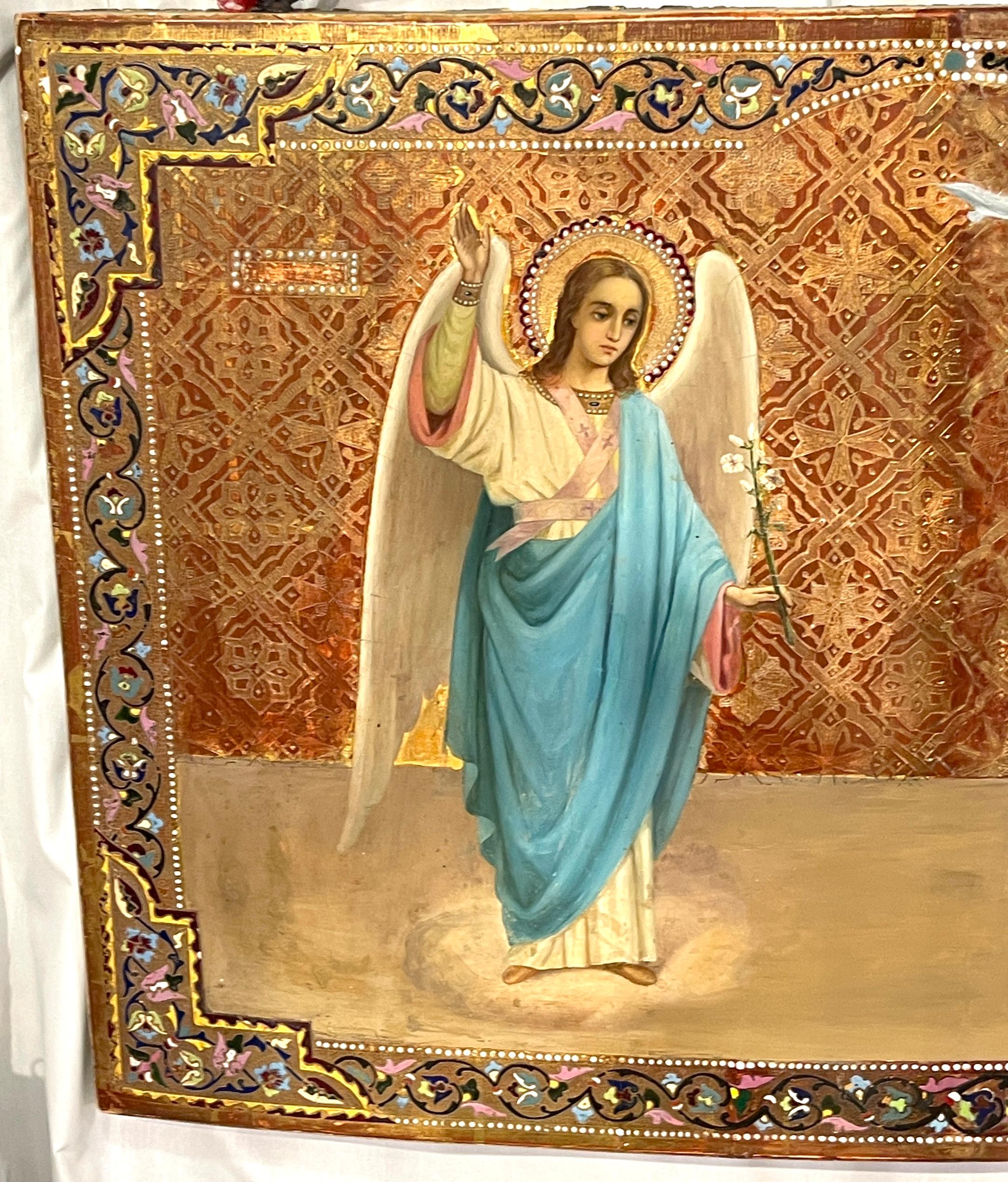 Velvet Monumental 19th Century Russian Icon of Annunciation of the Blessed Virgin Mary For Sale