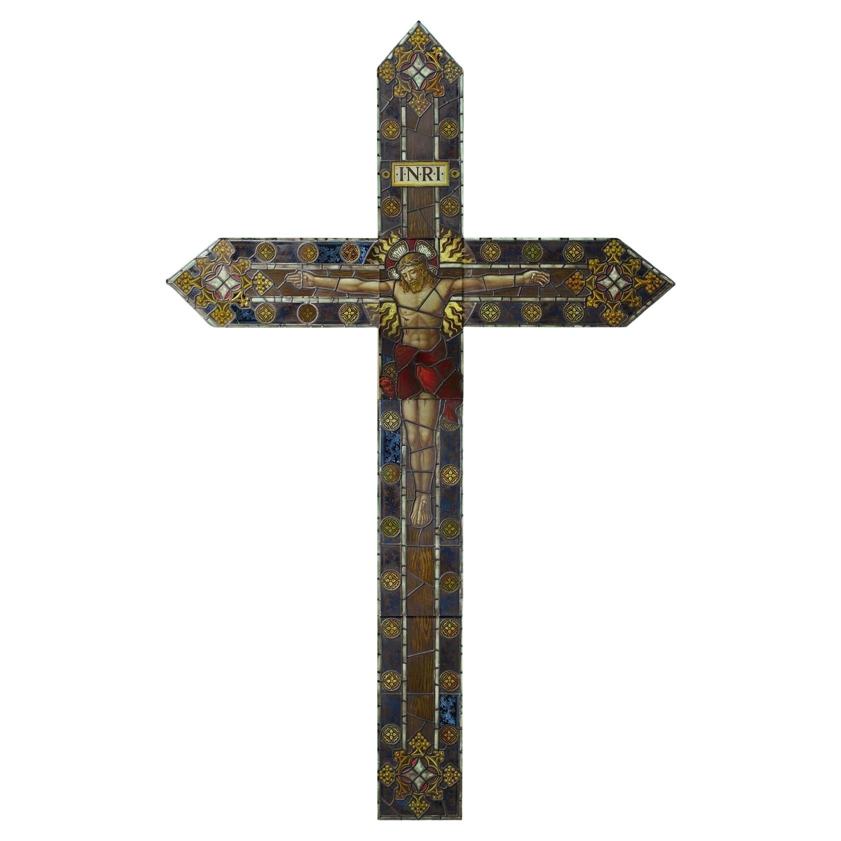 Monumental 19th Century Stained Glass Crucifixion Window For Sale