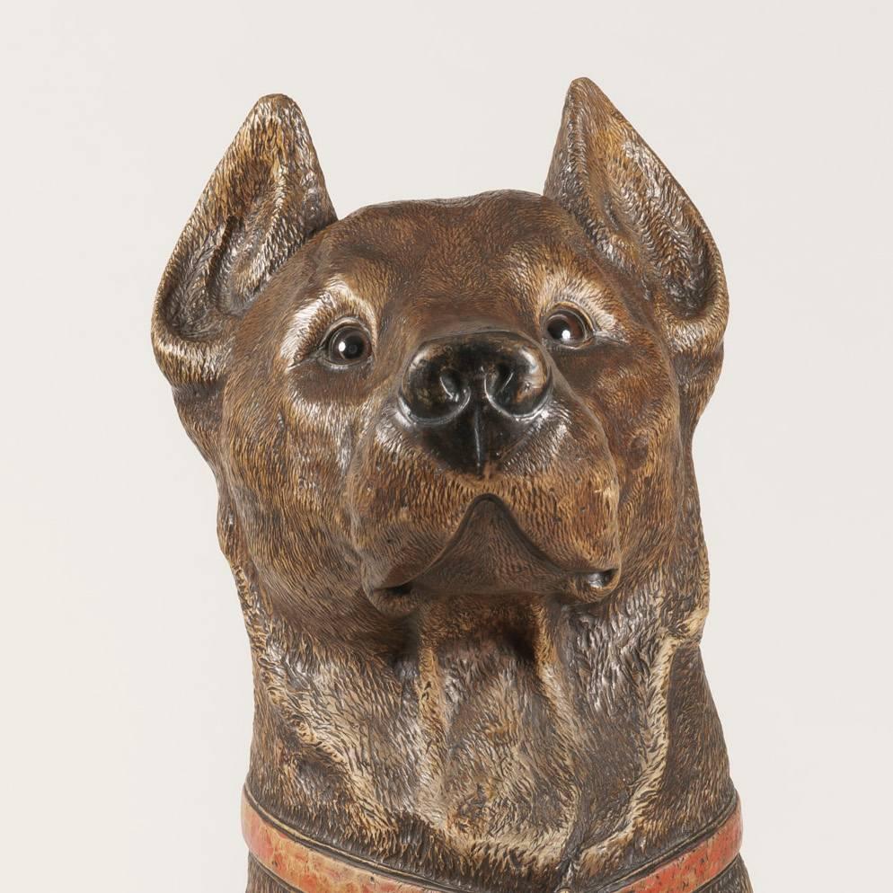 An astonishing and surely unique 'Black Forest' carving of a great dane.

Constructed in lindenwood, naturalistically and expertly carved and having realistic glass eyes; of monumental life size proportions, he is seated on his