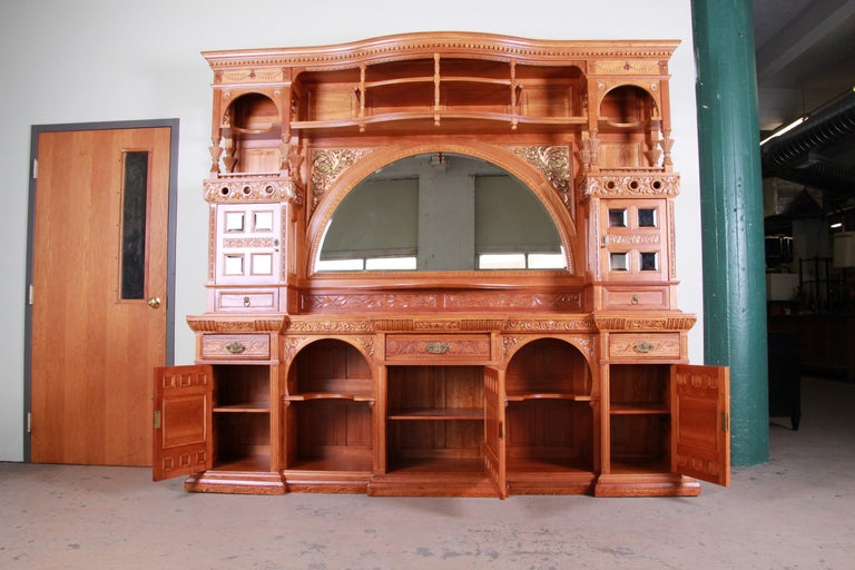 Monumental 19th Century Victorian Hand Carved Cherry Wood Bar Back or