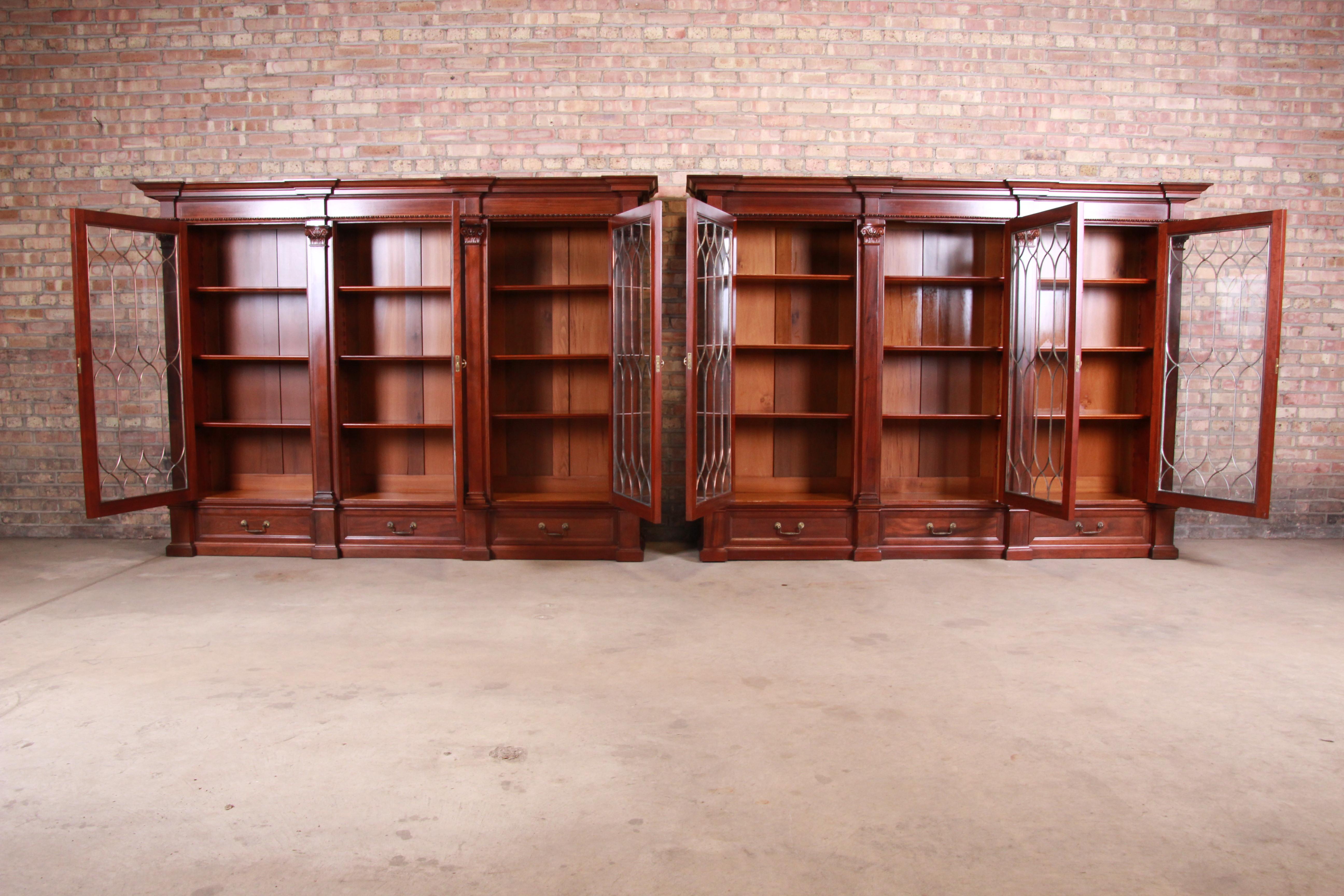 Monumental 19th Century Victorian Mahogany and Leaded Glass Triple Bookcases In Good Condition In South Bend, IN