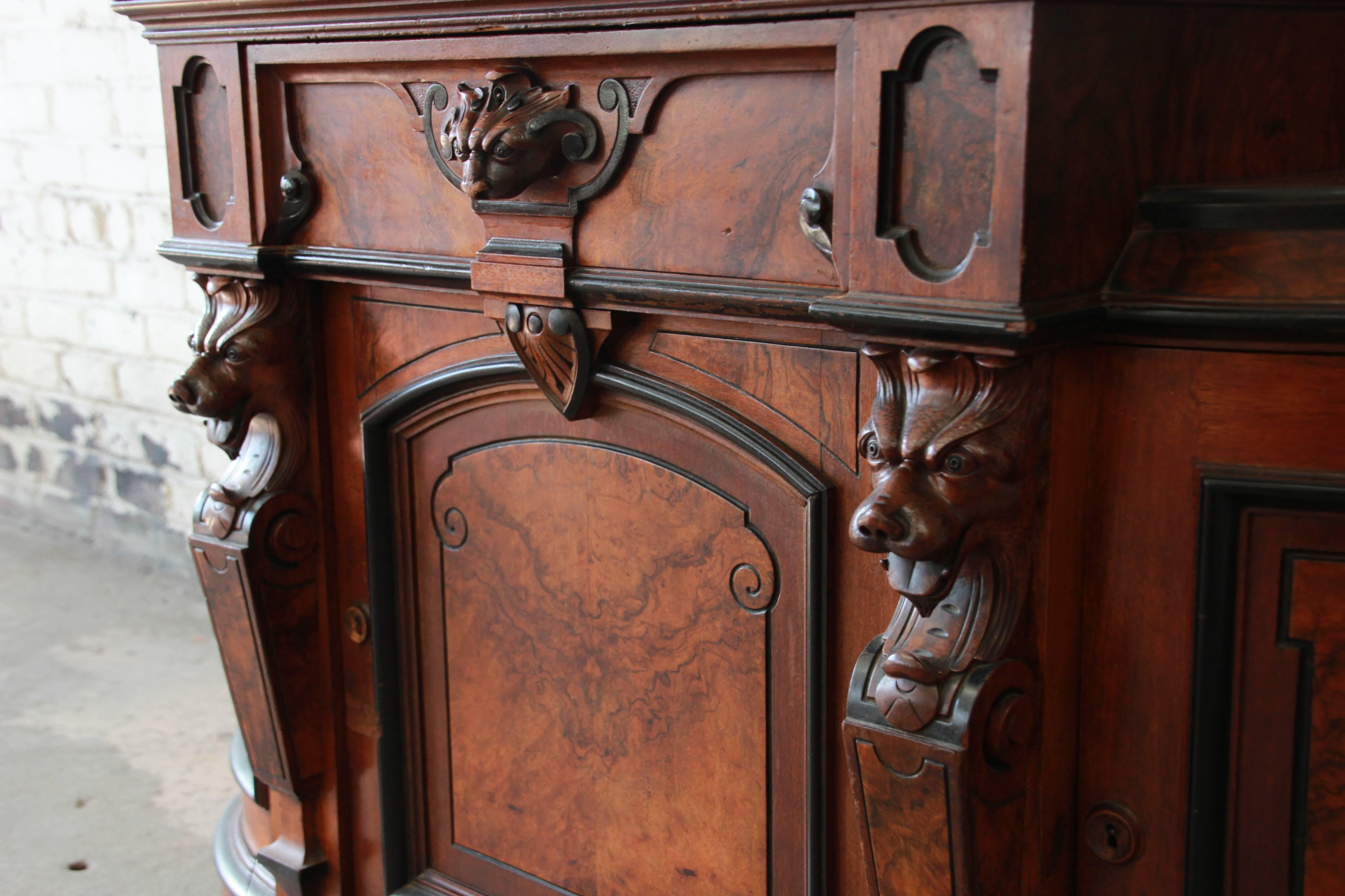 Monumental 19th Century Victorian Ornate Carved Burled Walnut Sideboard 6