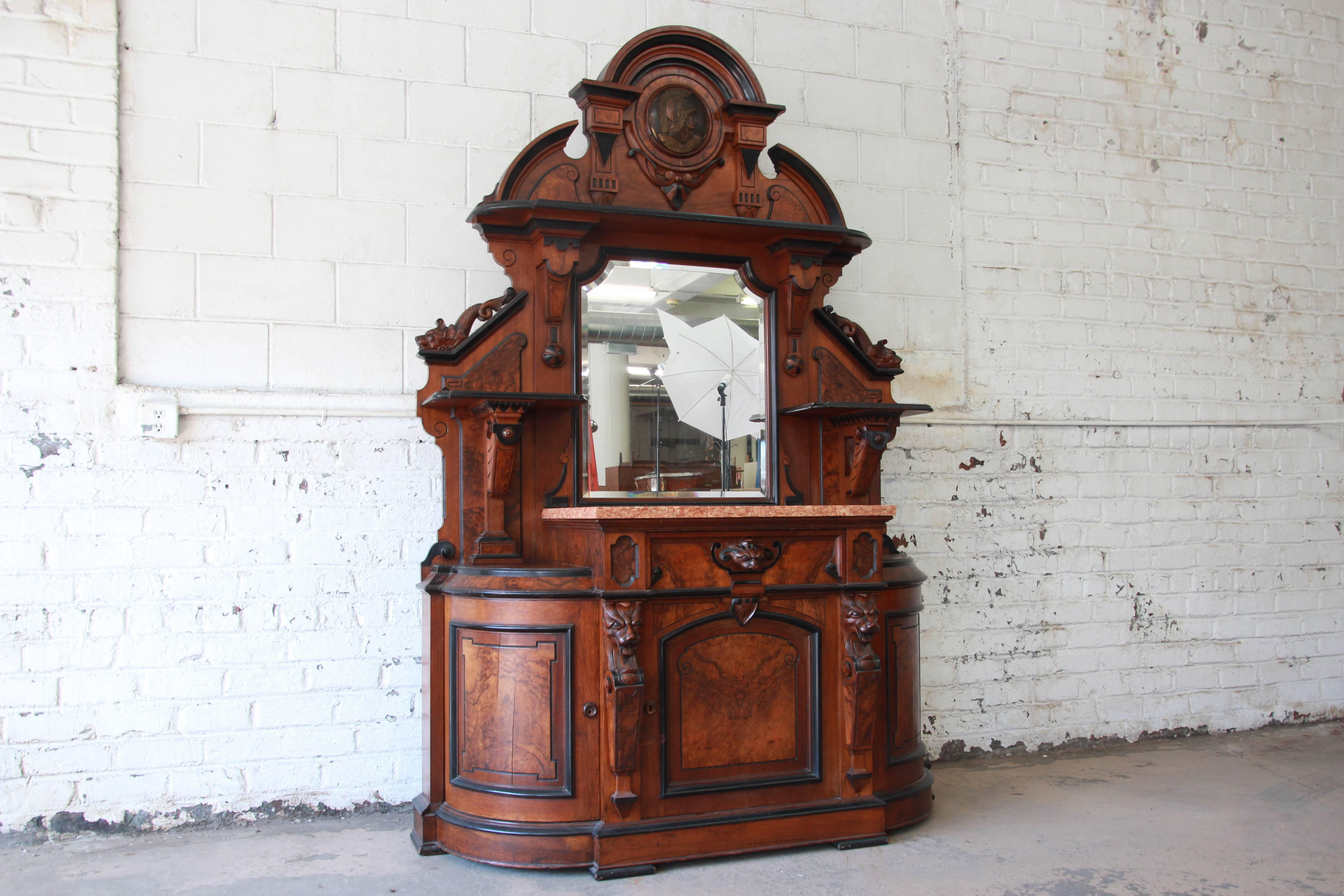 Monumental 19th Century Victorian Ornate Carved Burled Walnut Sideboard In Good Condition In South Bend, IN