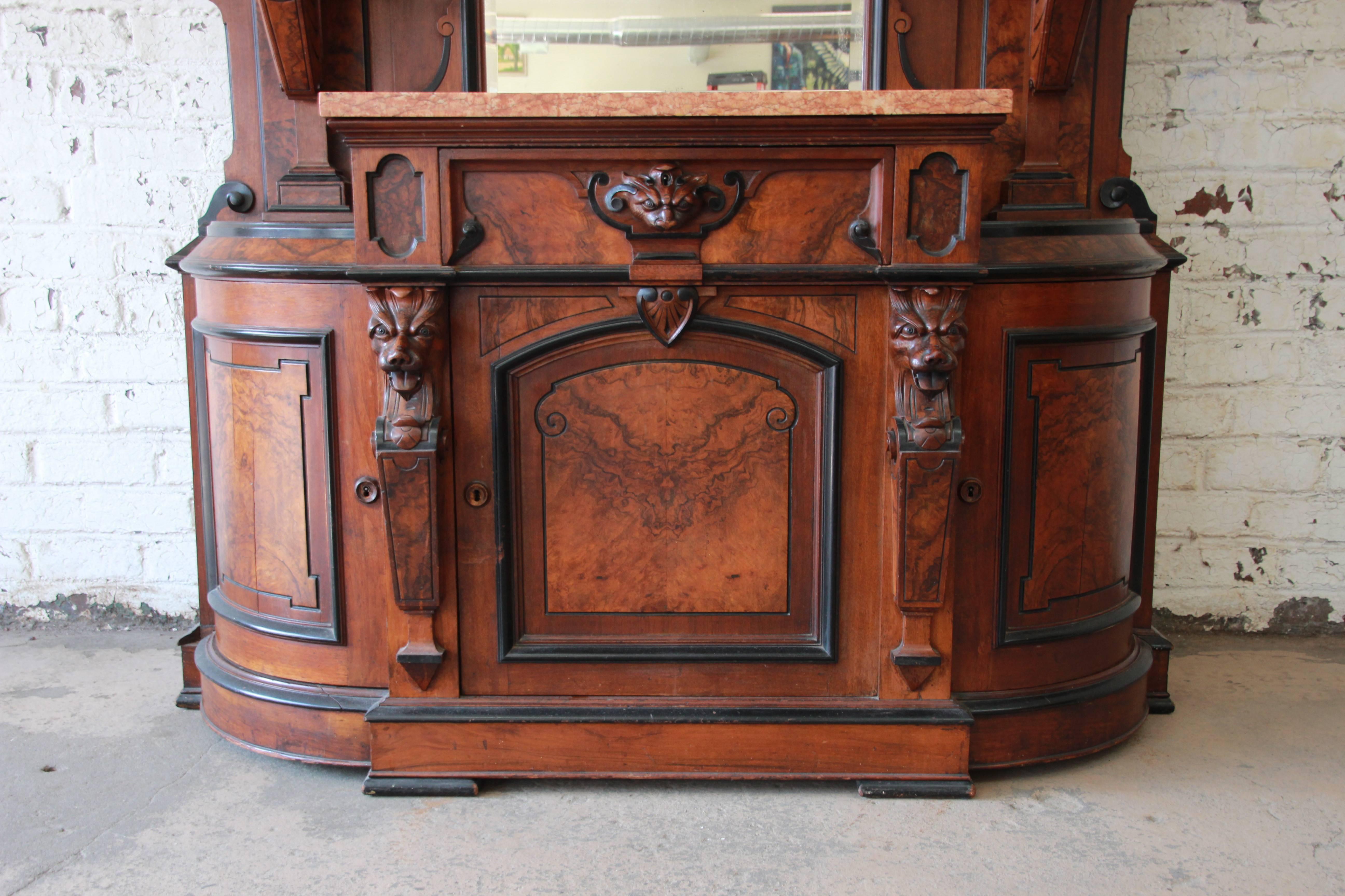 Monumental 19th Century Victorian Ornate Carved Burled Walnut Sideboard 1