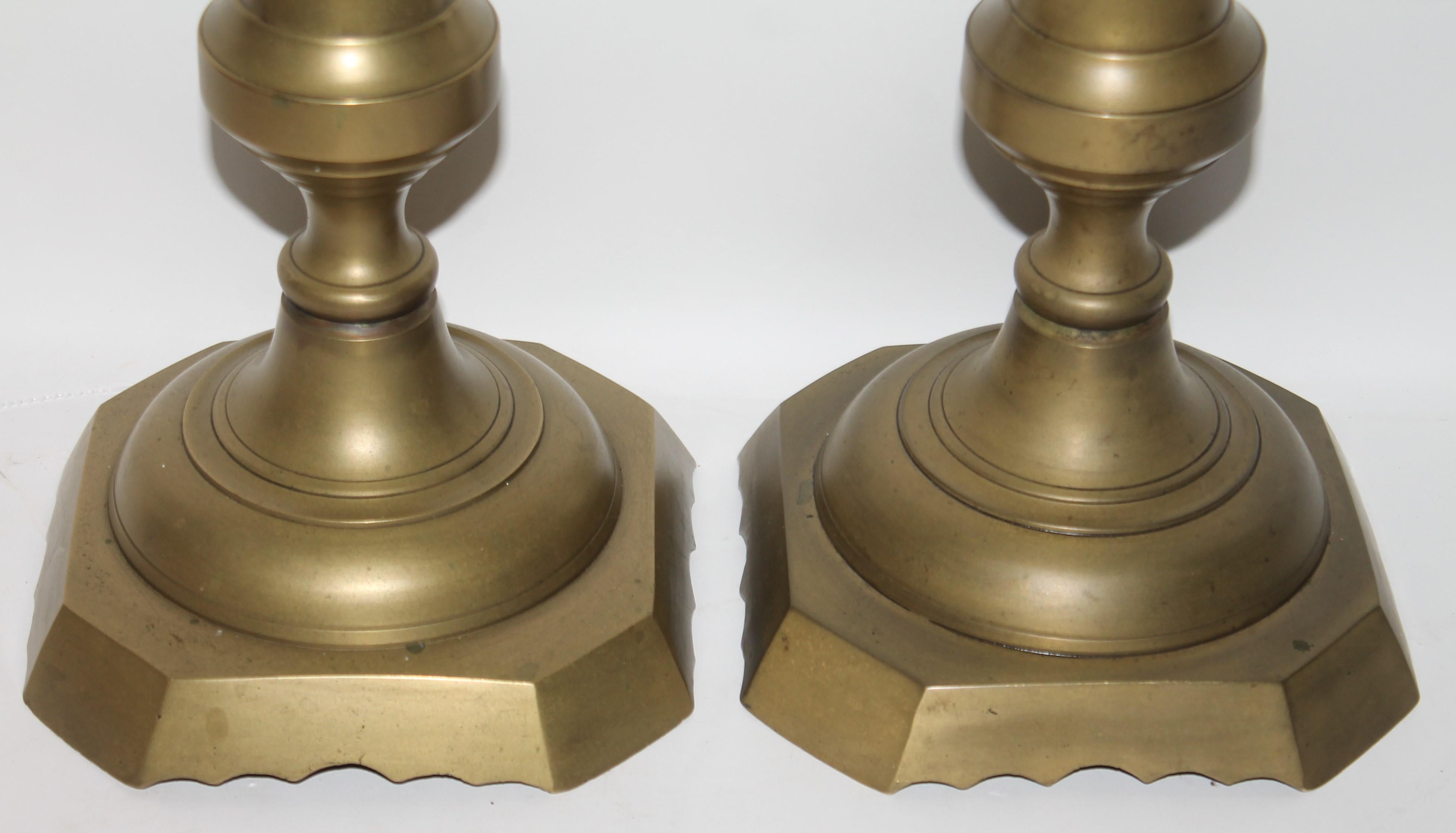 American Colonial Monumental 19th Century Brass Candlestick Holders, Pair