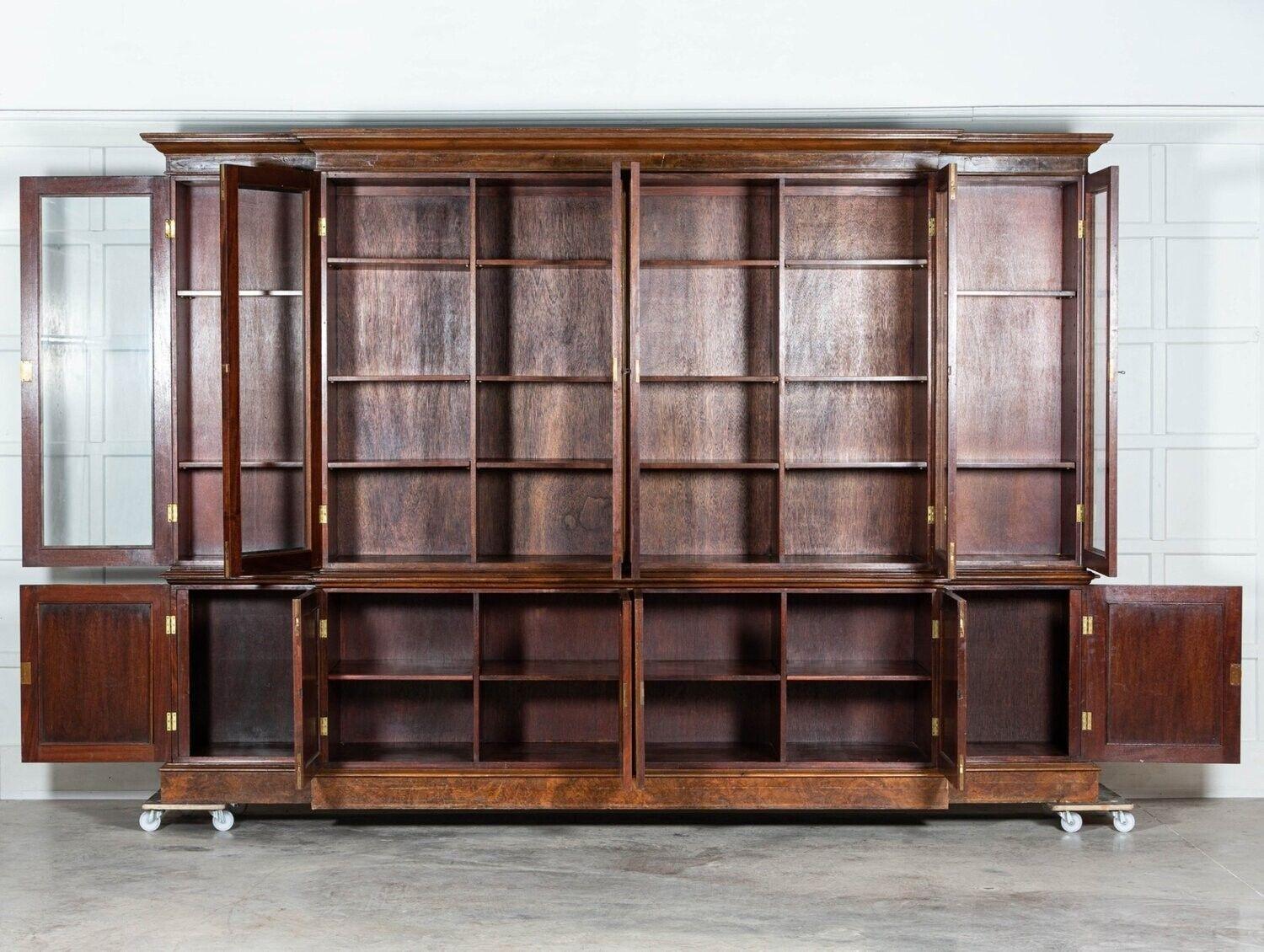 circa 1920
Monumental English Burr Walnut Breakfront Bookcase - with adjustable shelves and keys
Breaks down into smaller sections
sku 1253
(losses)
W345 x D61 x H238cm
Base W334 x D61 x H82cm
Top W345 x D55 x H156cm