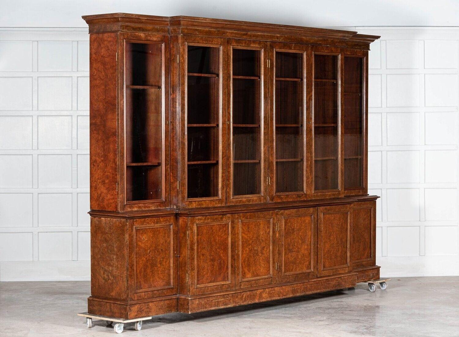 Monumental English Burr Walnut Breakfront Bookcase In Good Condition For Sale In Staffordshire, GB