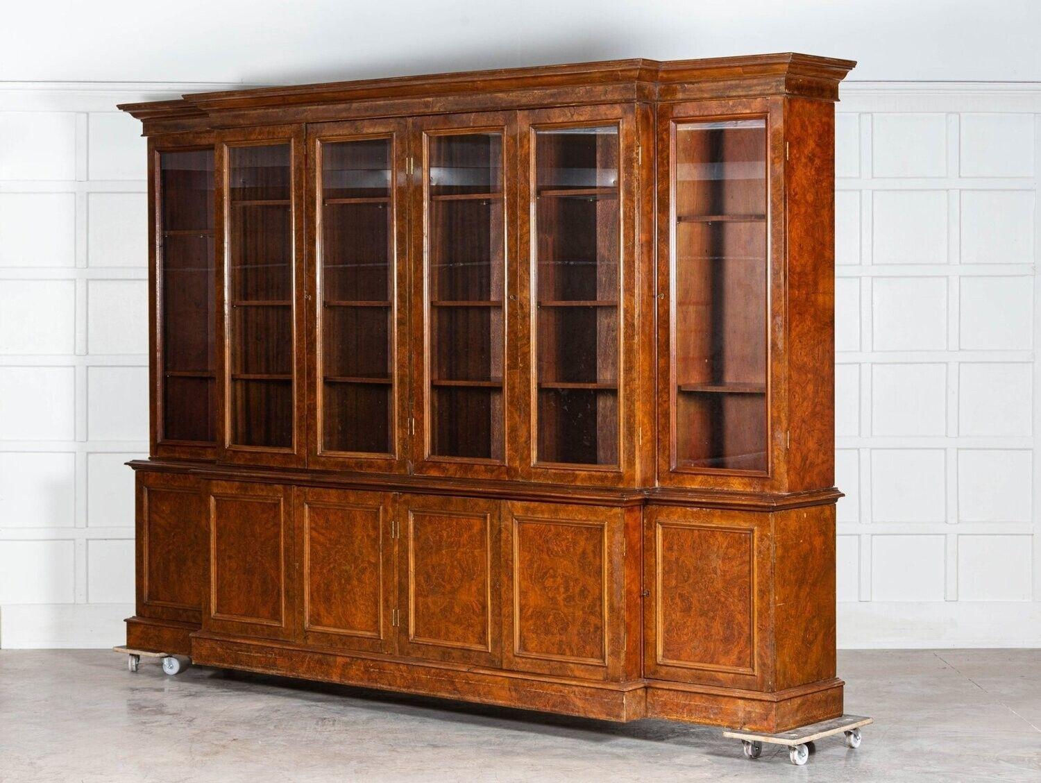 Early 20th Century Monumental English Burr Walnut Breakfront Bookcase For Sale