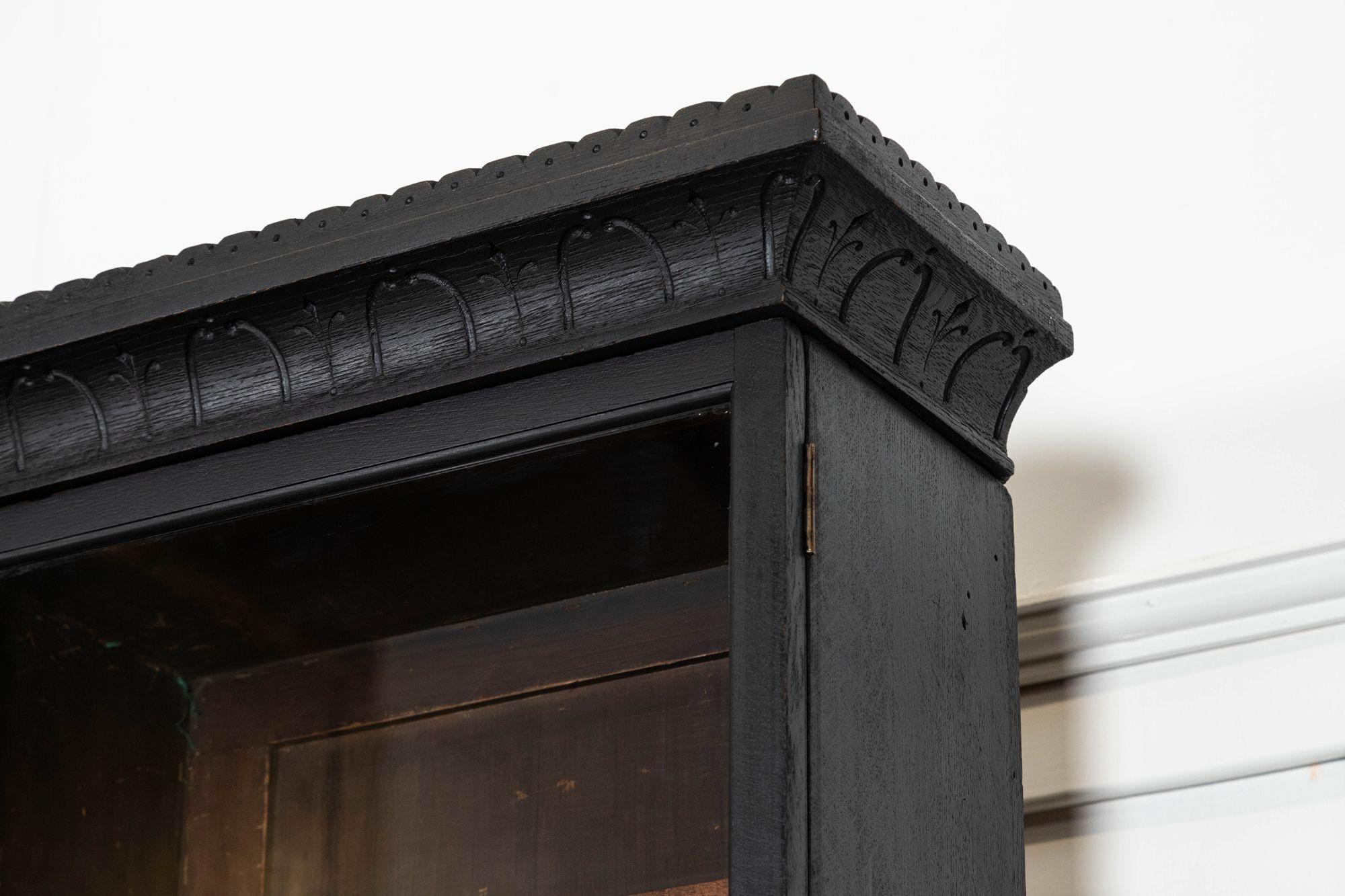 Monumental 19thC English Ebonised Oak Glazed Bookcase For Sale 6