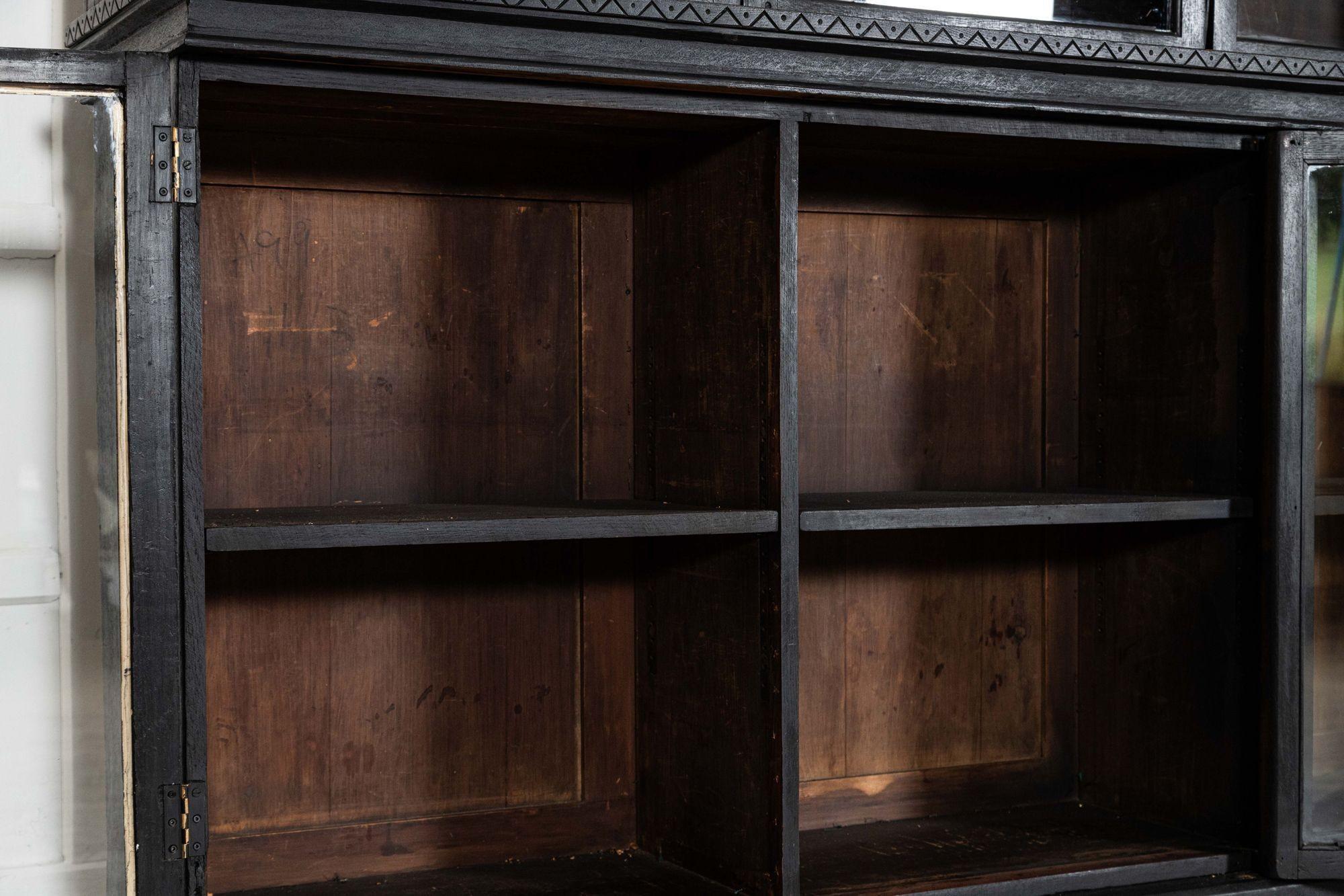 Monumental 19thC English Ebonised Oak Glazed Bookcase For Sale 7