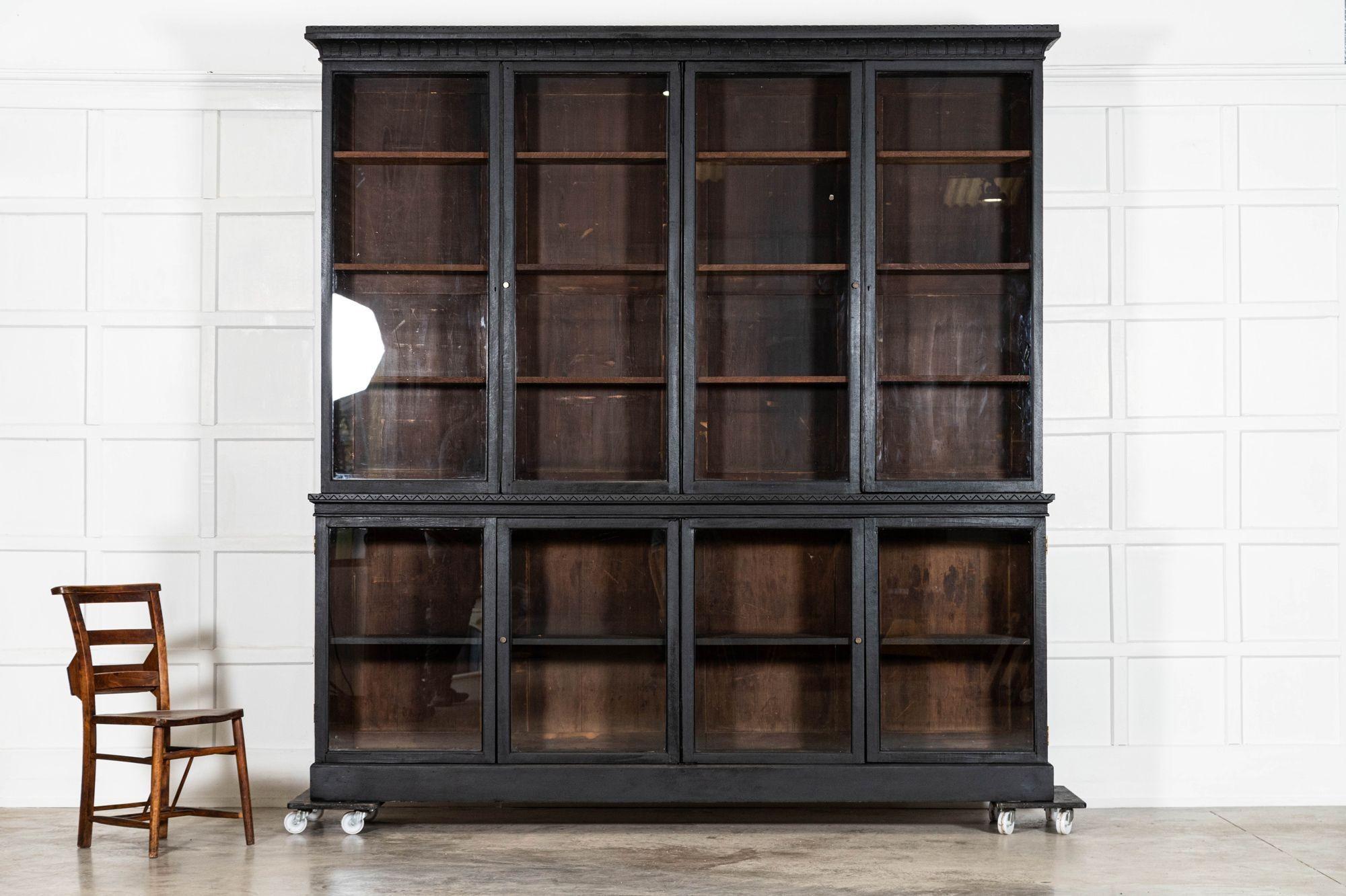Monumental 19thC English Ebonised Oak Glazed Bookcase In Good Condition For Sale In Staffordshire, GB