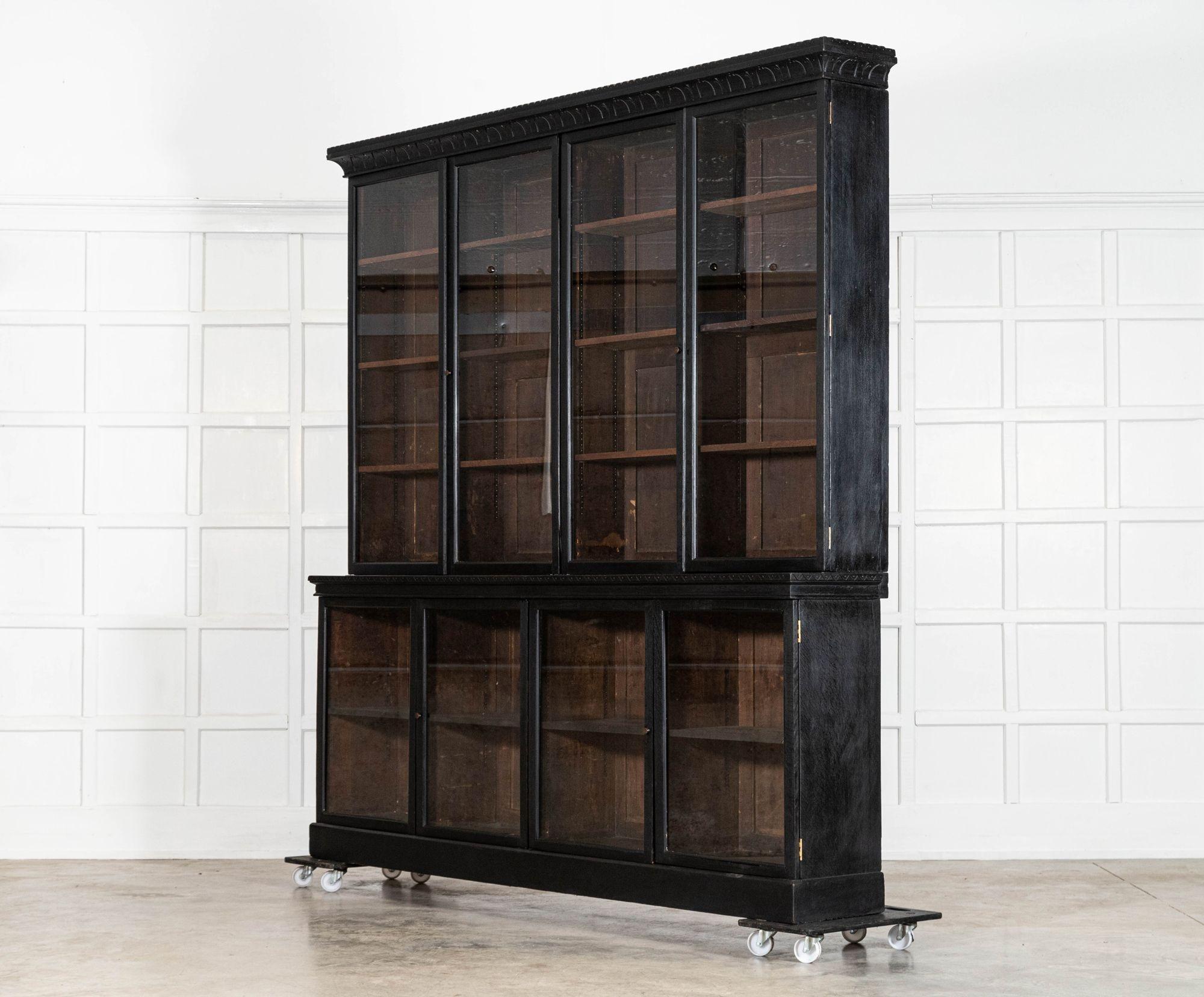 19th Century Monumental 19thC English Ebonised Oak Glazed Bookcase For Sale
