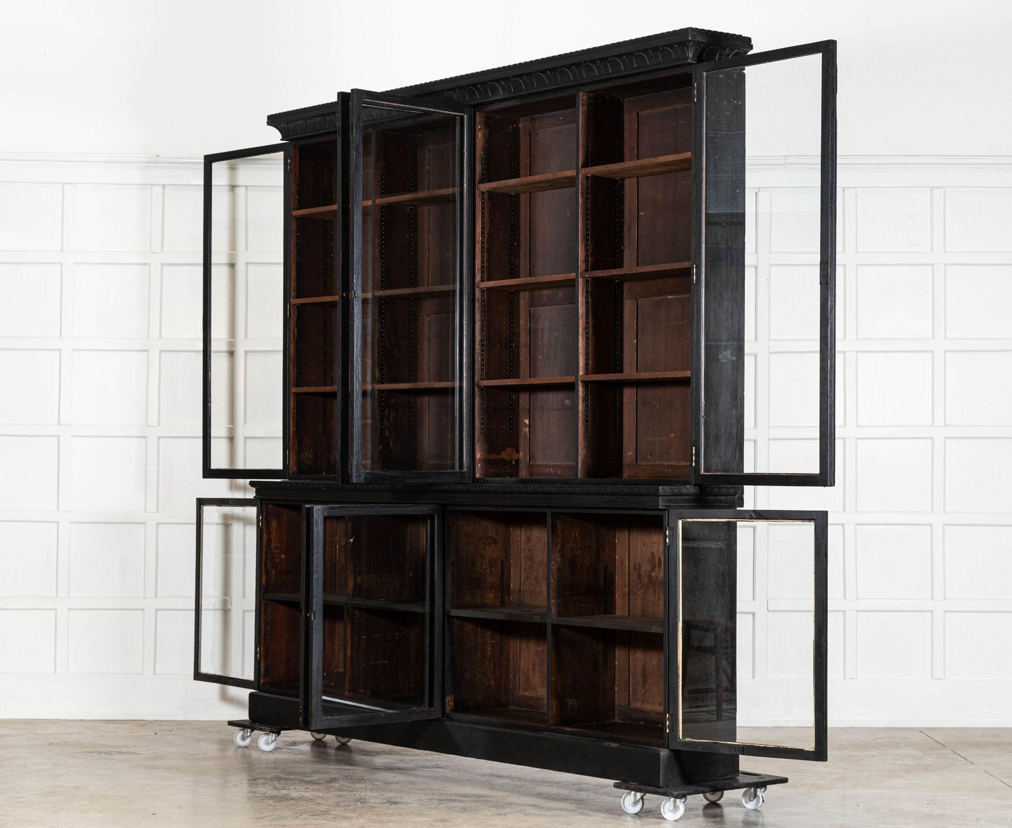 Monumental 19thC English Ebonised Oak Glazed Bookcase For Sale 1