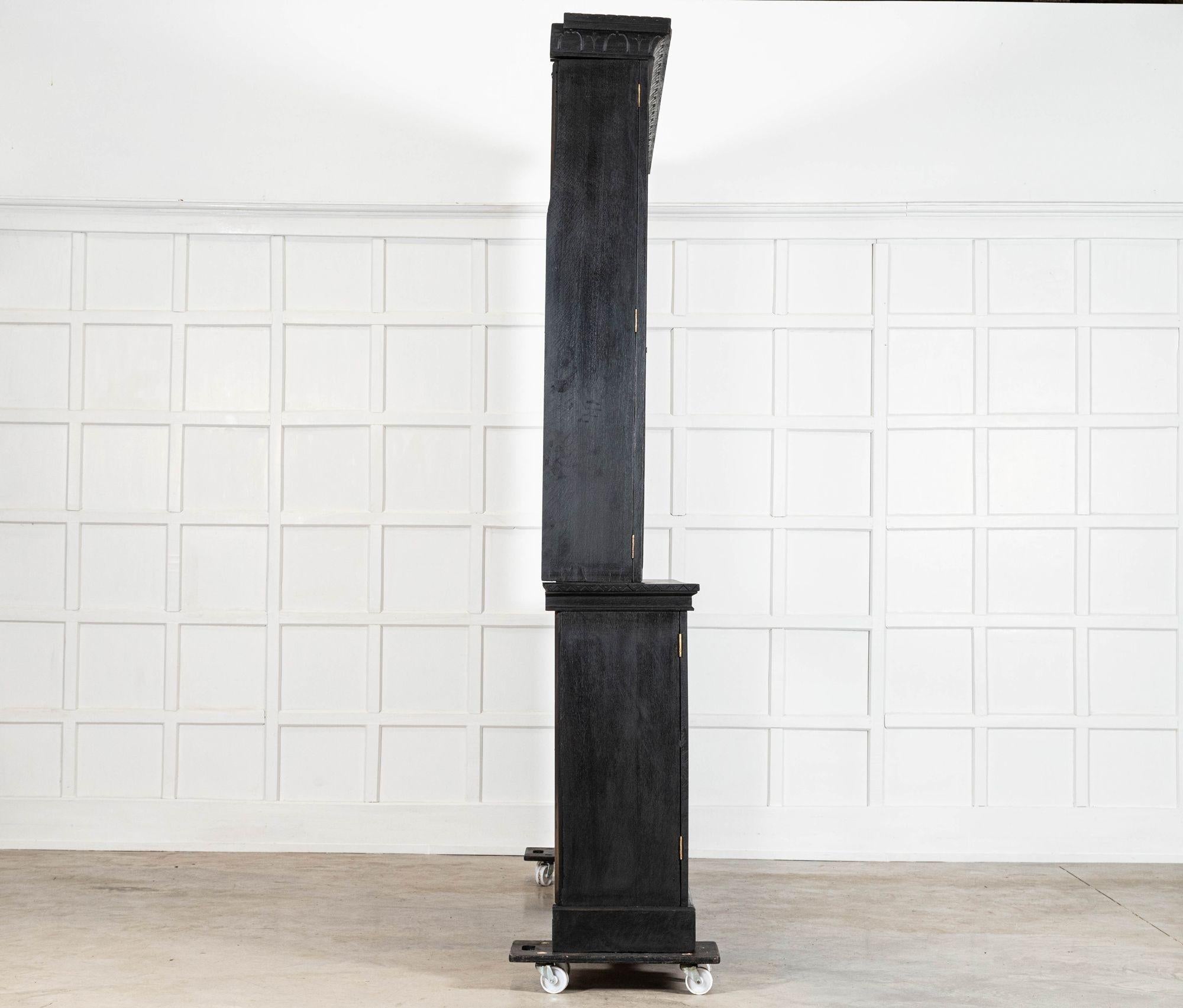 Monumental 19thC English Ebonised Oak Glazed Bookcase For Sale 2