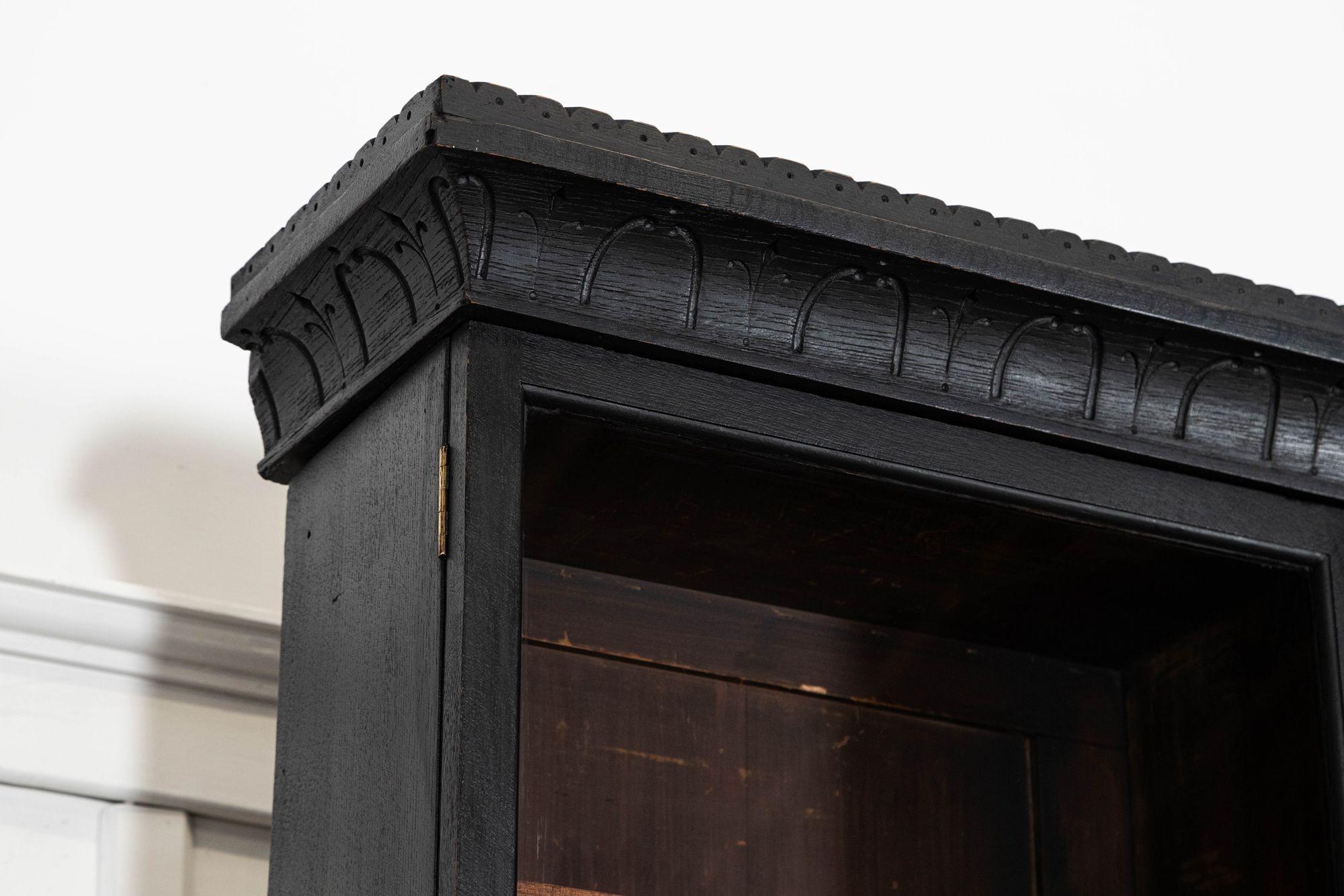 Monumental 19thC English Ebonised Oak Glazed Bookcase For Sale 4