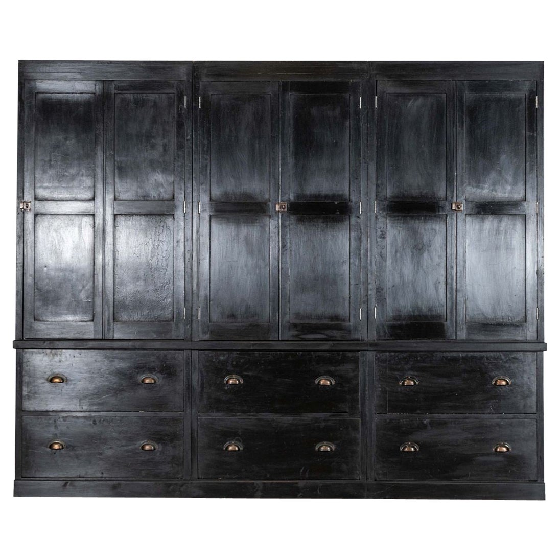 Monumental 19thC English Ebonised Oak & Pine Housekeepers Cupboard