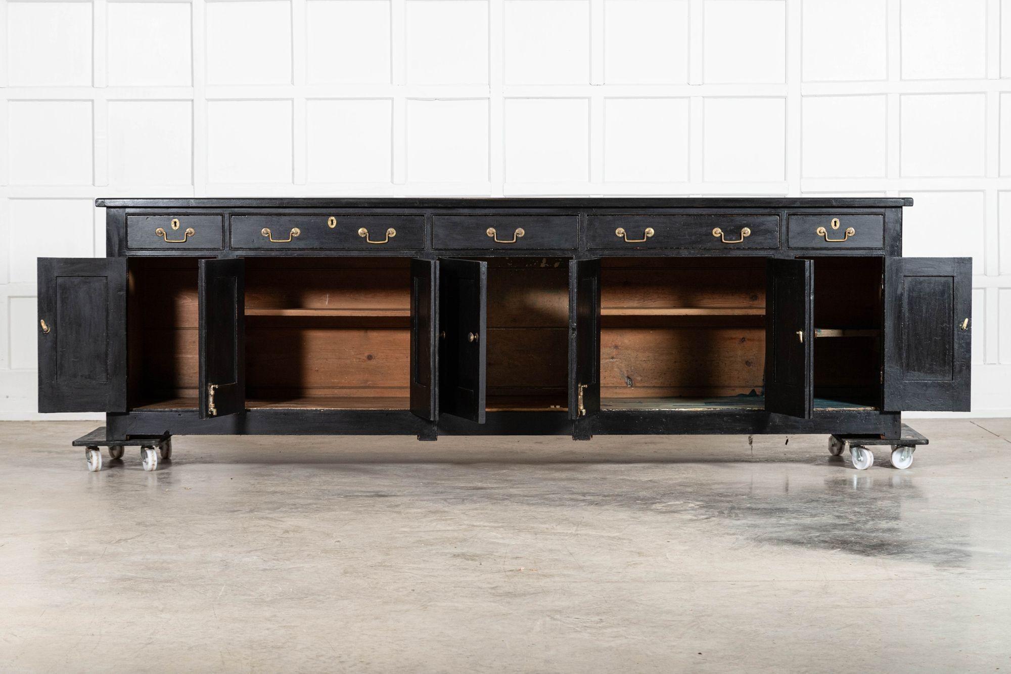 circa 1870
sku 2049
Monumental 19thC English Ebonised Pine Dresser Base
W276 x D56 x H83 cm
Weight 130Kg