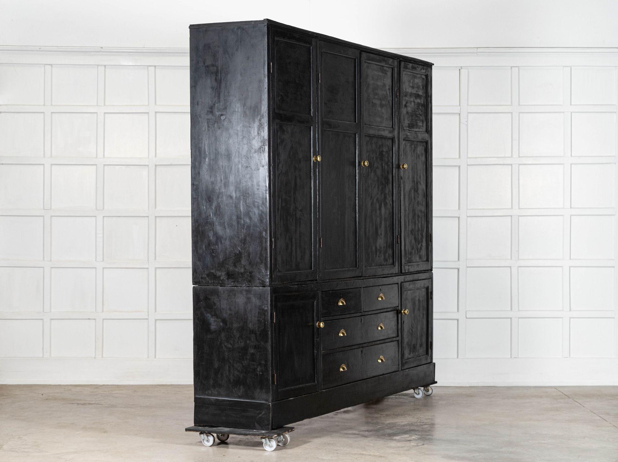 Monumental 19thC English Ebonised Pine Housekeepers Cupboard In Good Condition For Sale In Staffordshire, GB