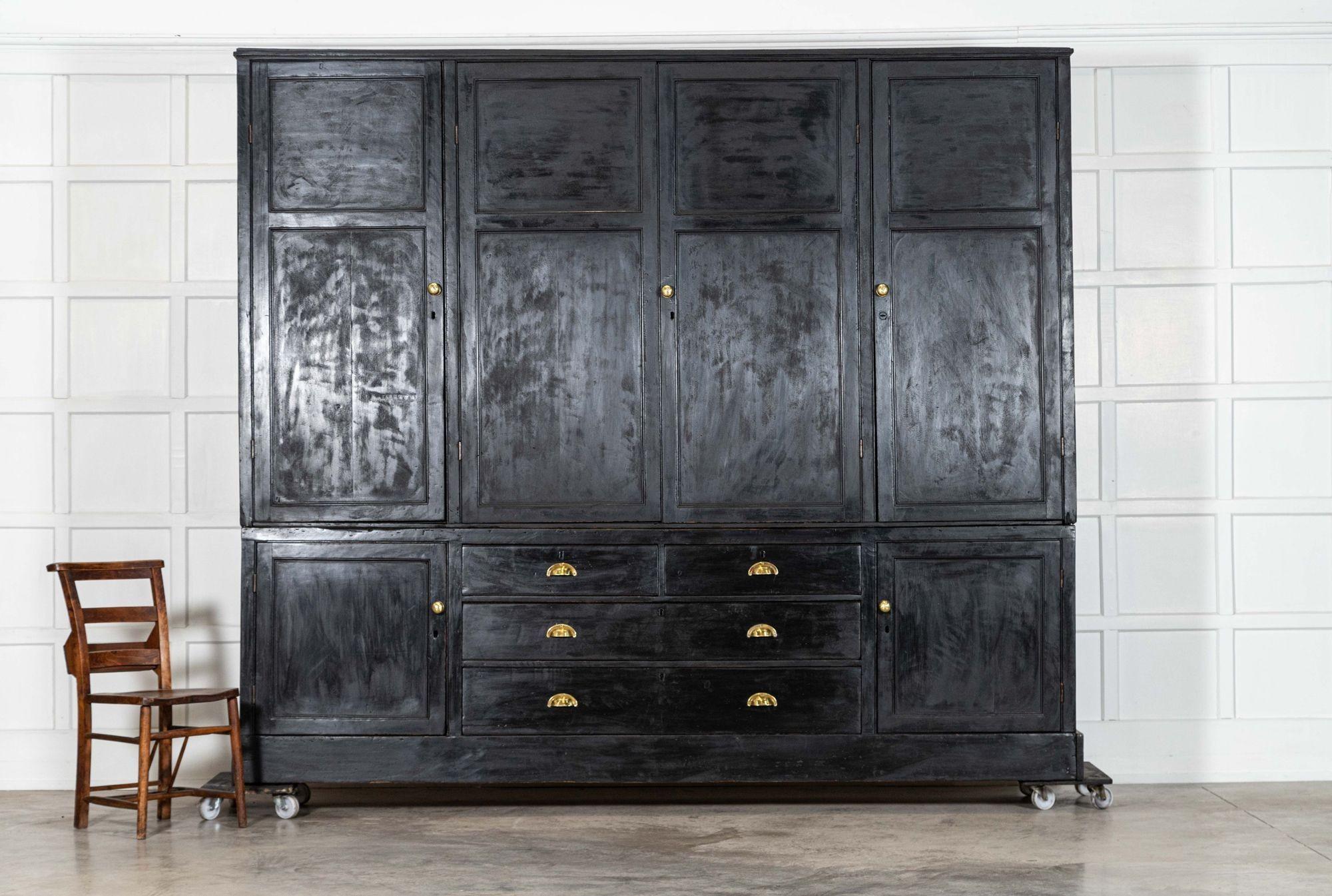 19th Century Monumental 19thC English Ebonised Pine Housekeepers Cupboard For Sale