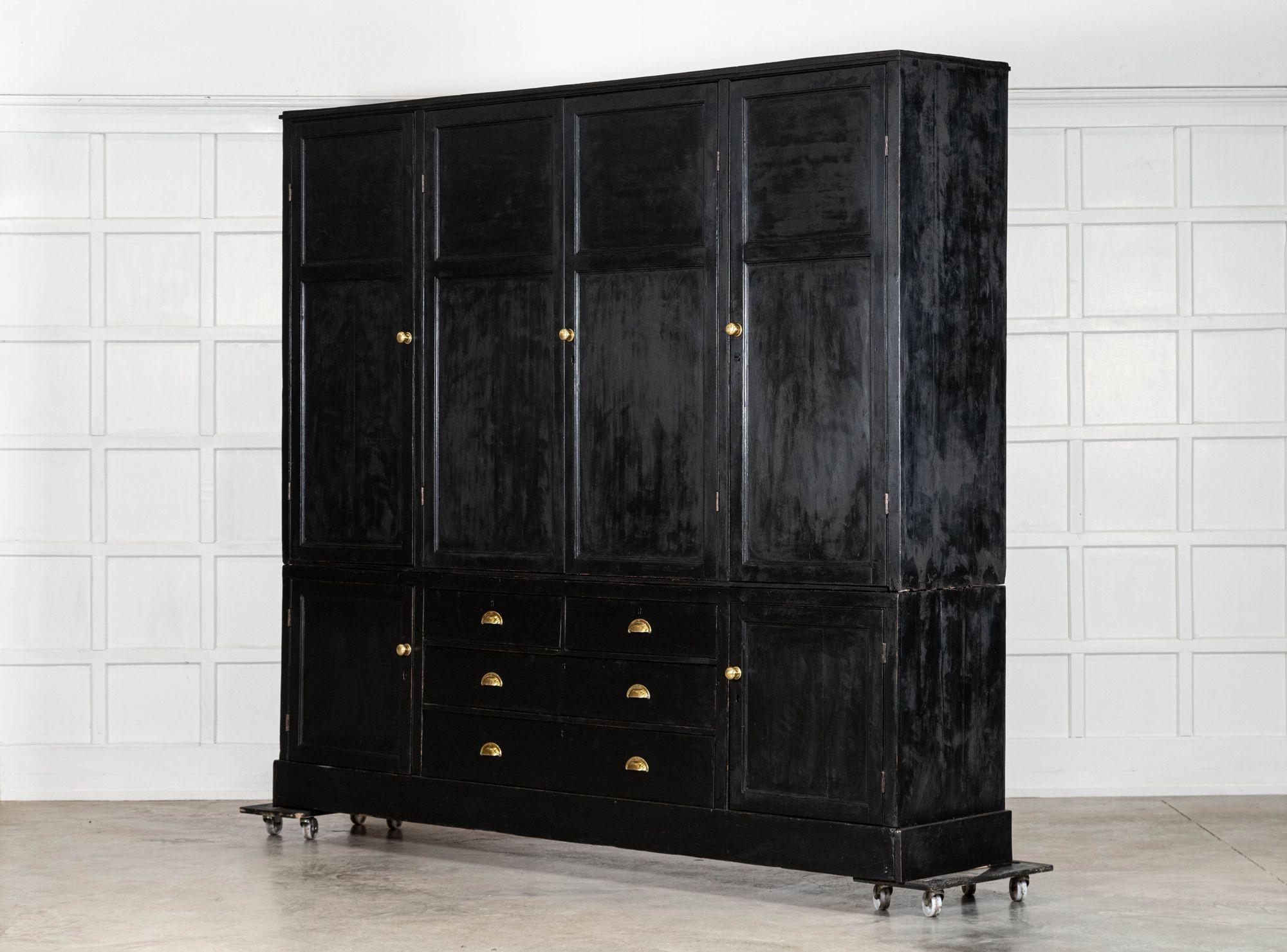 Monumental 19thC English Ebonised Pine Housekeepers Cupboard For Sale 1