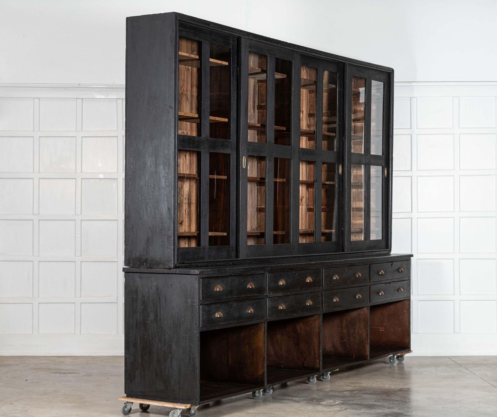 Monumental 19thC English Ebonised Pine Housekeepers / Haberdashery Cabinet In Good Condition For Sale In Staffordshire, GB