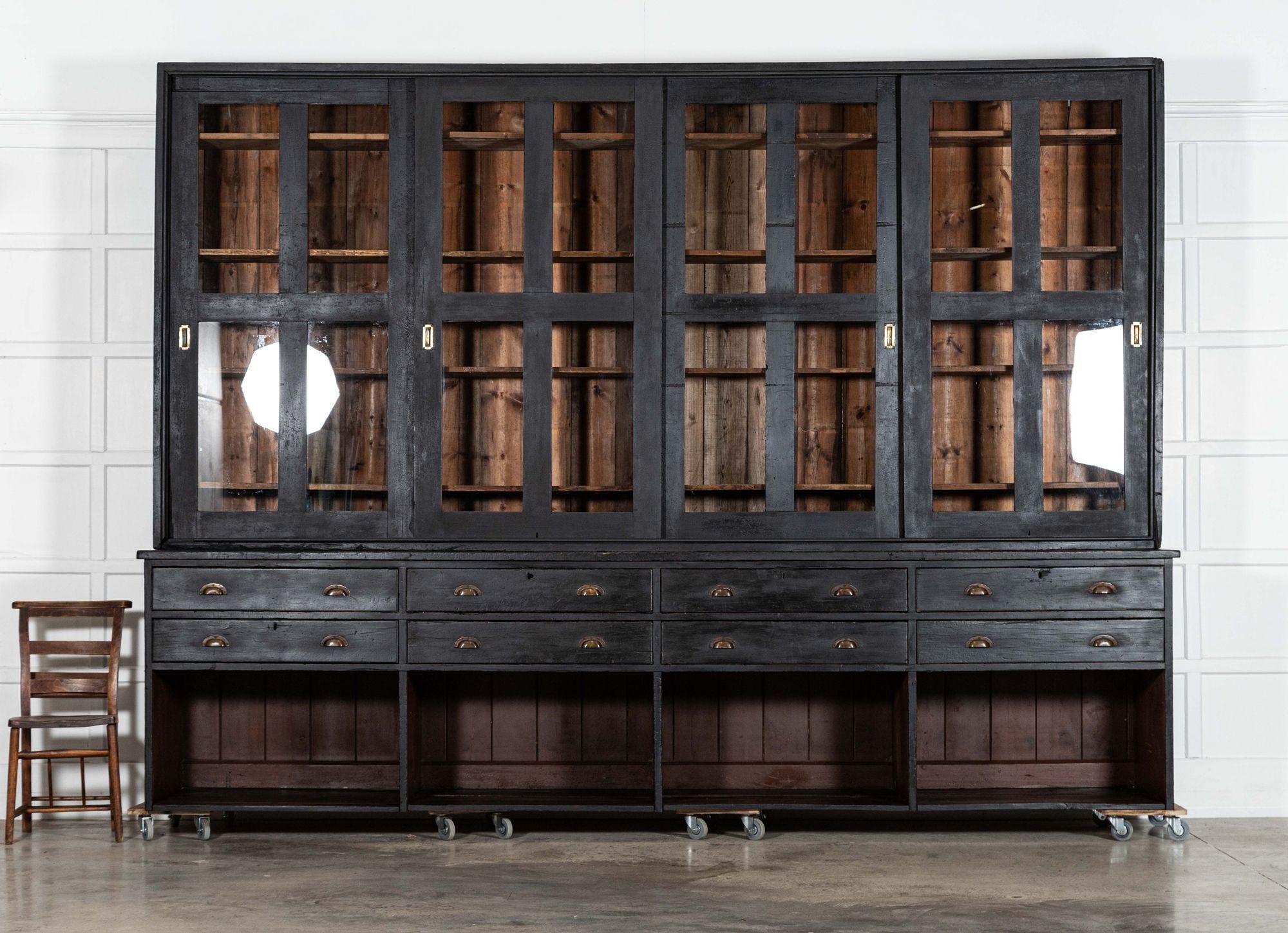 19th Century Monumental 19thC English Ebonised Pine Housekeepers / Haberdashery Cabinet For Sale
