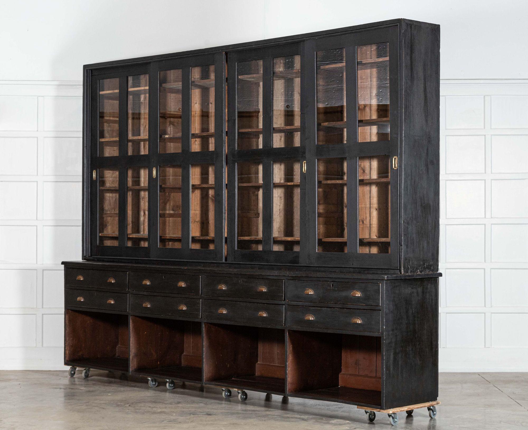 Monumental 19thC English Ebonised Pine Housekeepers / Haberdashery Cabinet For Sale 1