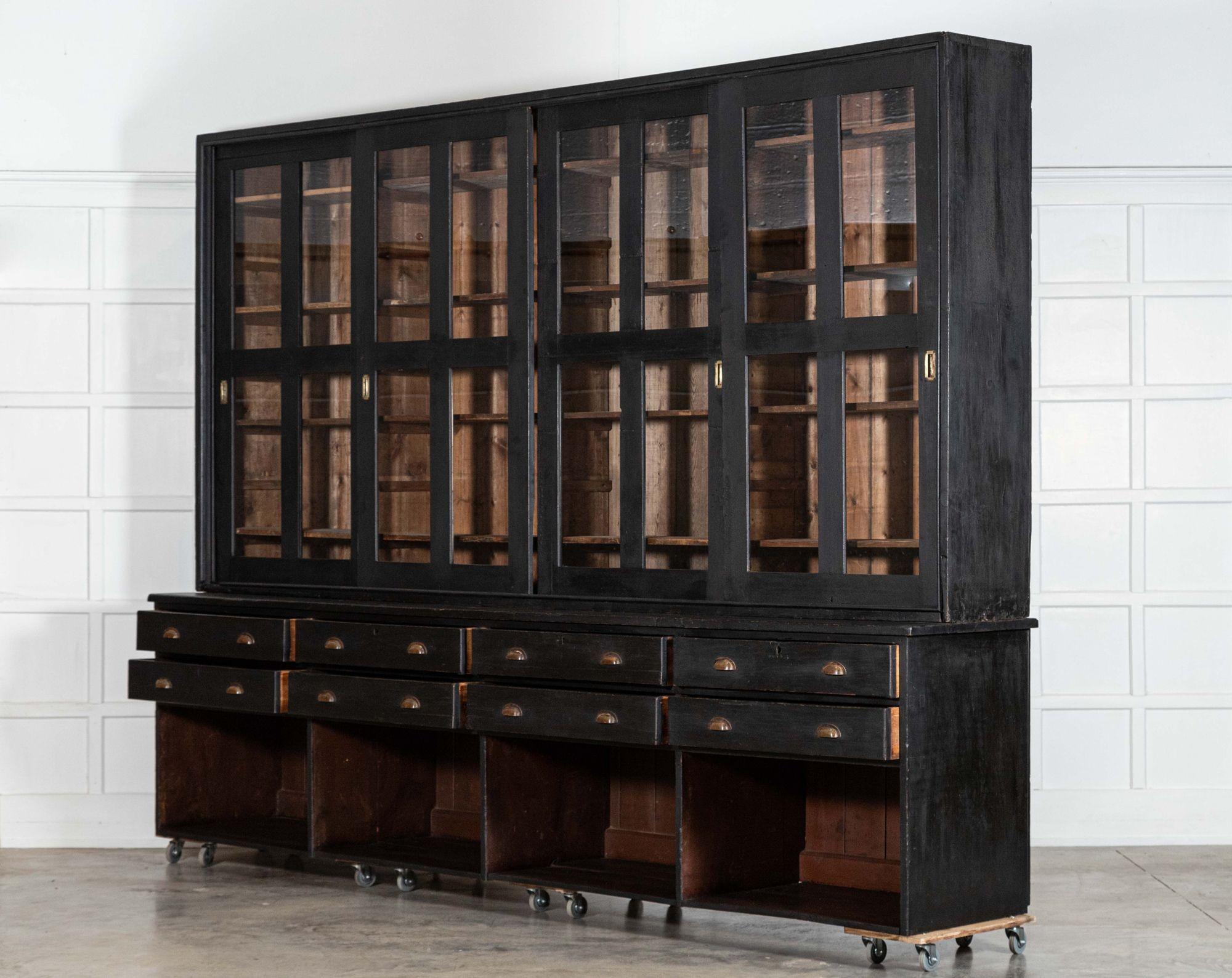 Monumental 19thC English Ebonised Pine Housekeepers / Haberdashery Cabinet For Sale 2